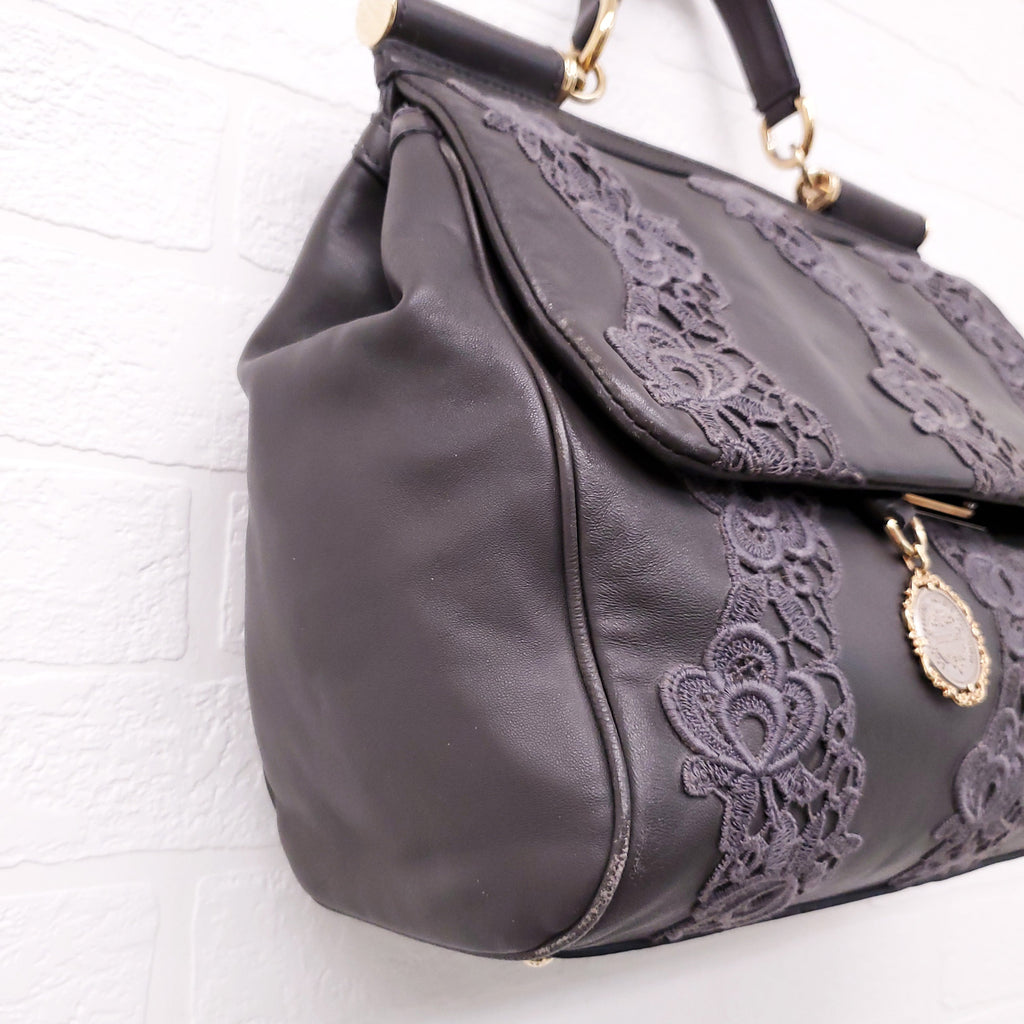 DOLCE & GABBANA GREY LACE LEATHER SICILY BAG