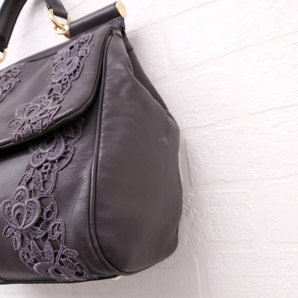 DOLCE & GABBANA GREY LACE LEATHER SICILY BAG