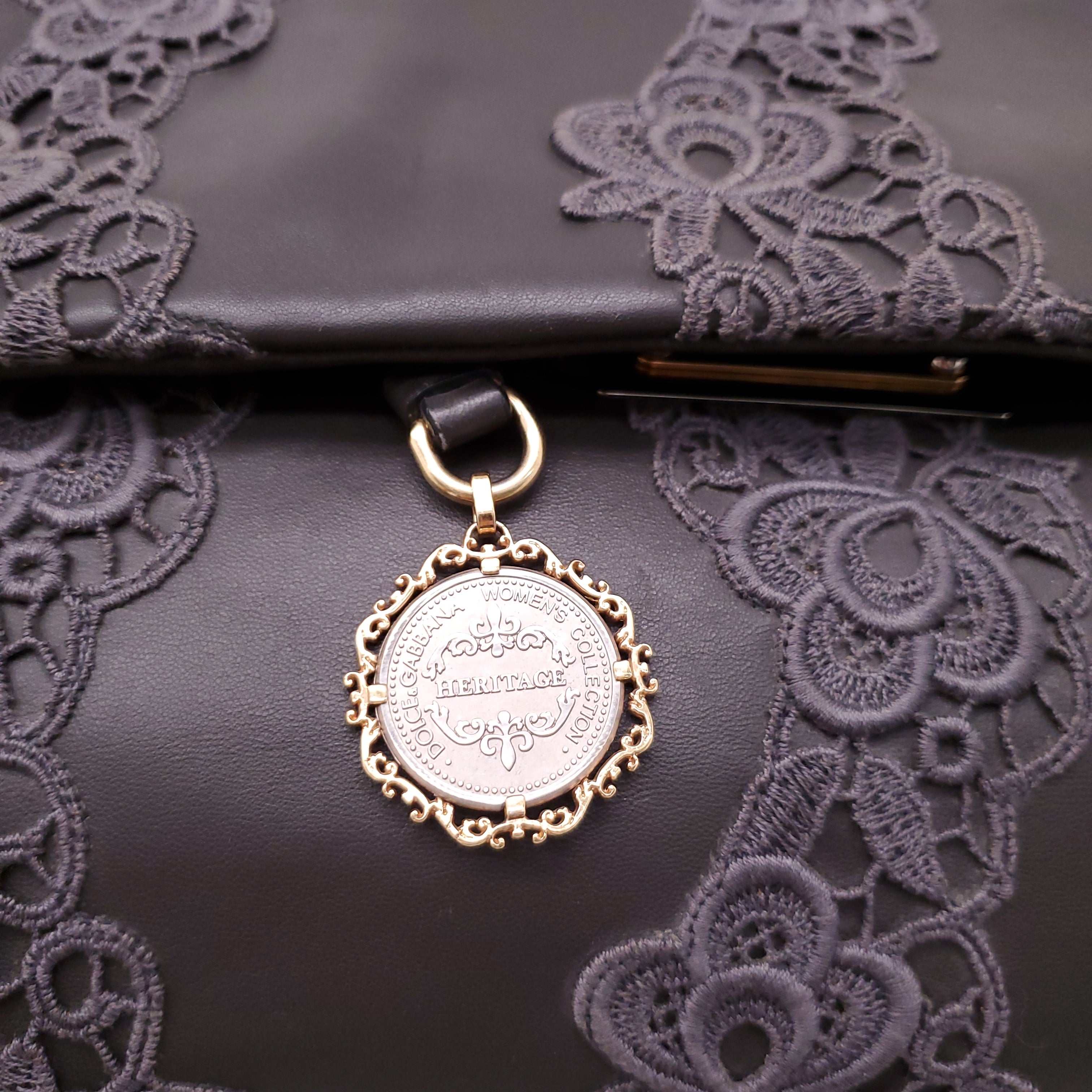 DOLCE & GABBANA GREY LACE LEATHER SICILY BAG