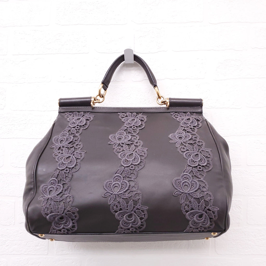 DOLCE & GABBANA GREY LACE LEATHER SICILY BAG