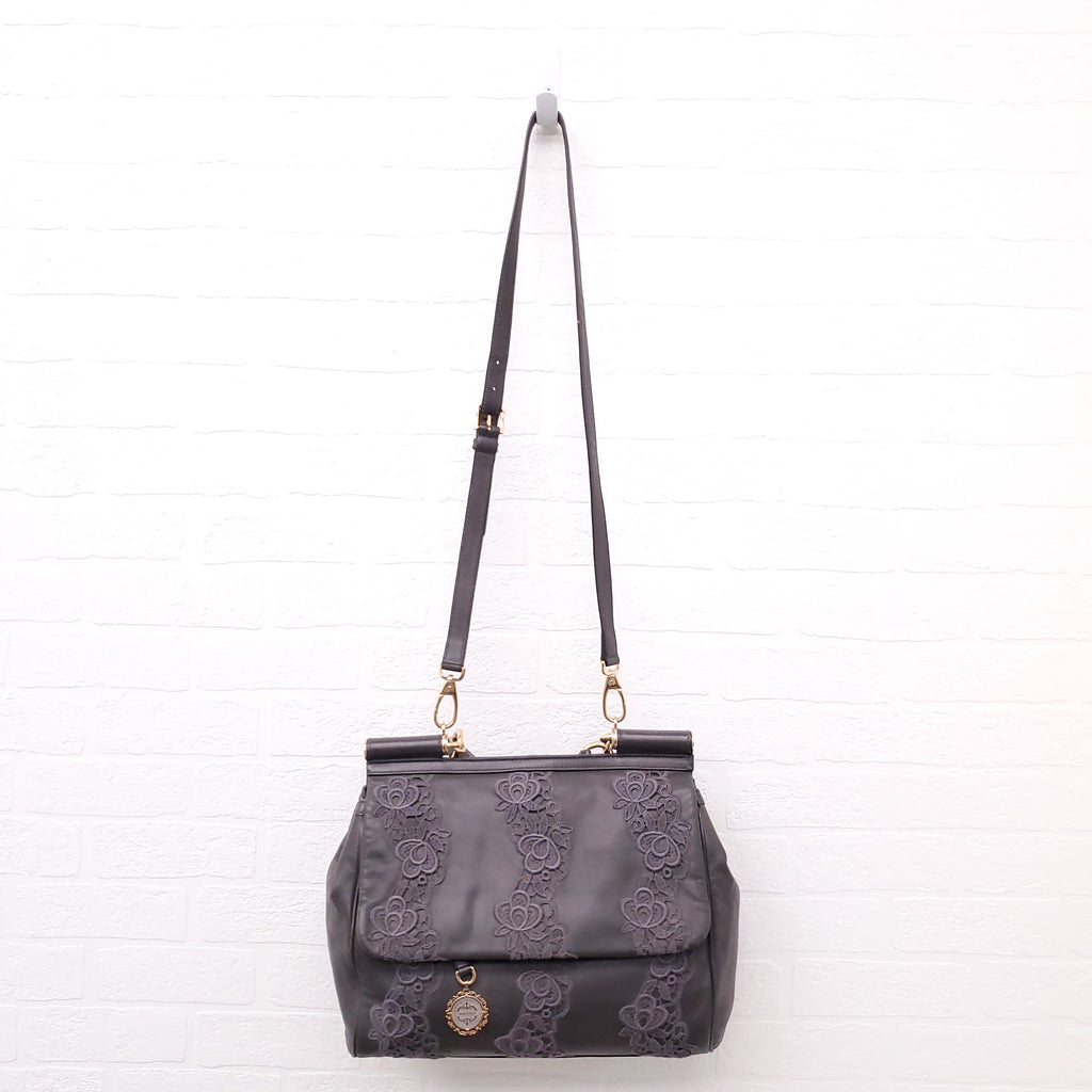 DOLCE & GABBANA GREY LACE LEATHER SICILY BAG