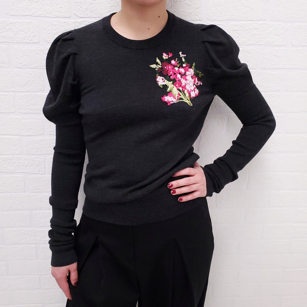 DOLCE & GABBANA GREY SWEATER WITH FLORAL PATCHWORK - SIZE 38