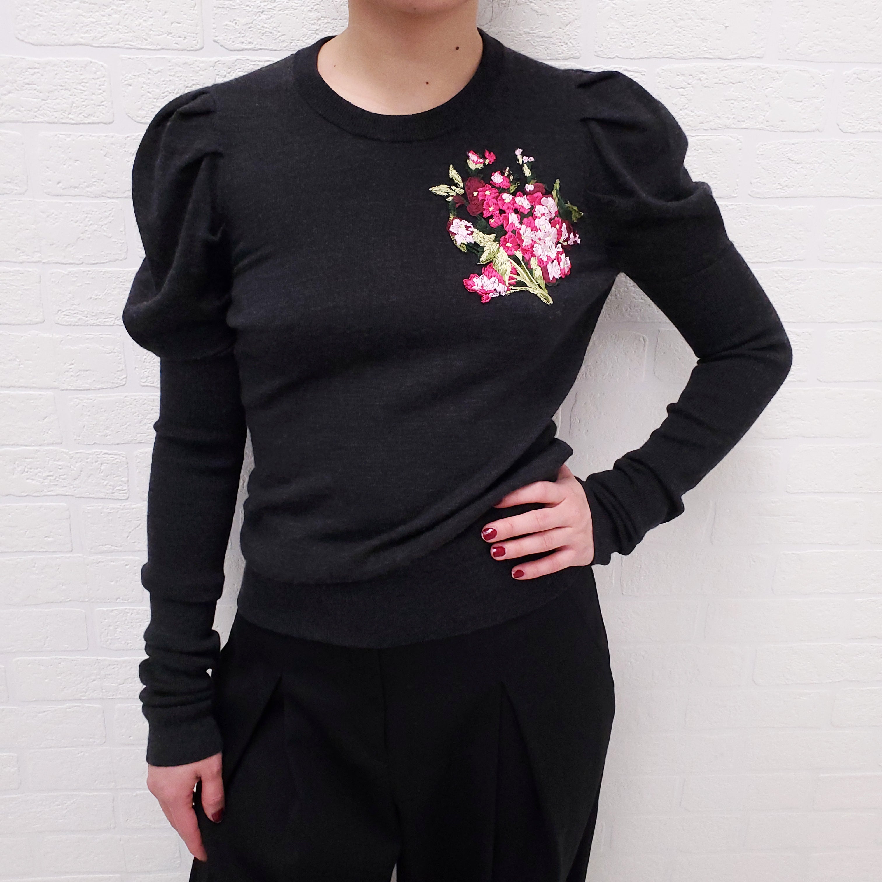 DOLCE & GABBANA GREY SWEATER WITH FLORAL PATCHWORK - SIZE 38
