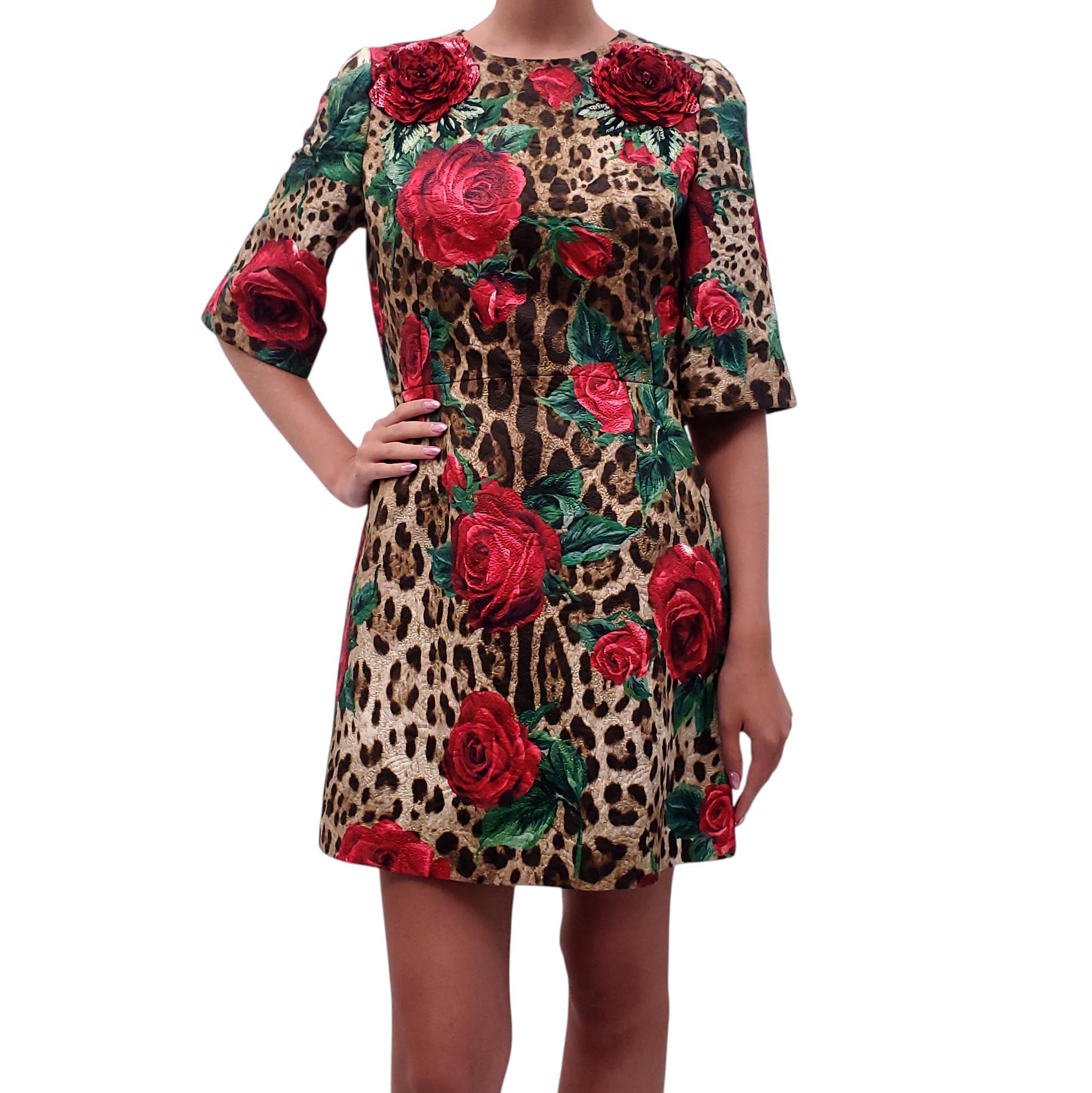 DOLCE & GABBANA LEOPARD DRESS WITH FLORAL BEADED FLOWERS - SIZE 46