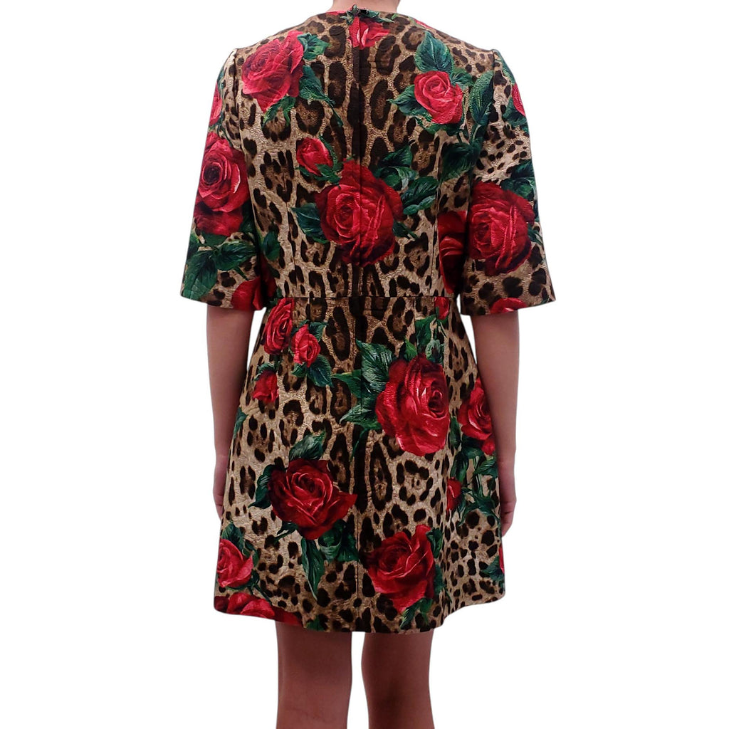 DOLCE & GABBANA LEOPARD DRESS WITH FLORAL BEADED FLOWERS - SIZE 46