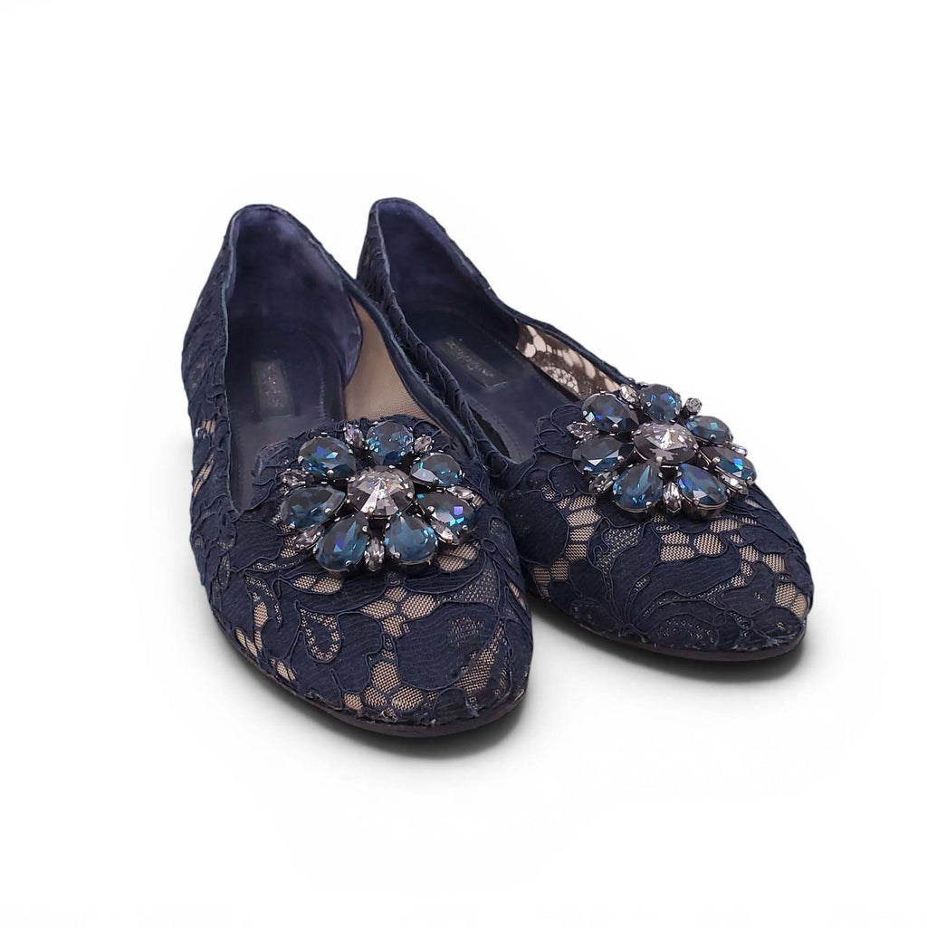 DOLCE & GABBANA NAVY LACE FLATS WITH CRYSTAL DETAIL - SIZE 38.5