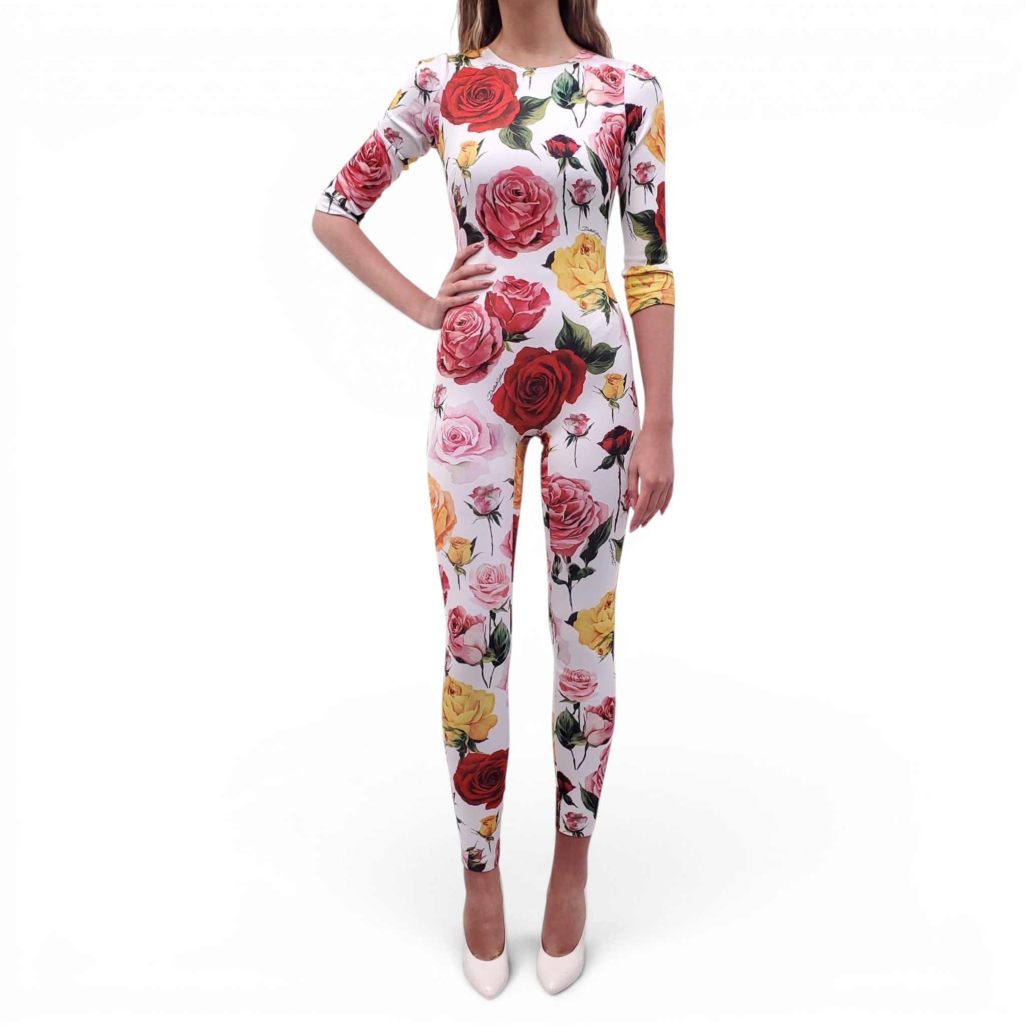 DOLCE & GABBANA PINK AND YELLOW FLORAL LONG-SLEEVE JUMPSUIT - SIZE 36