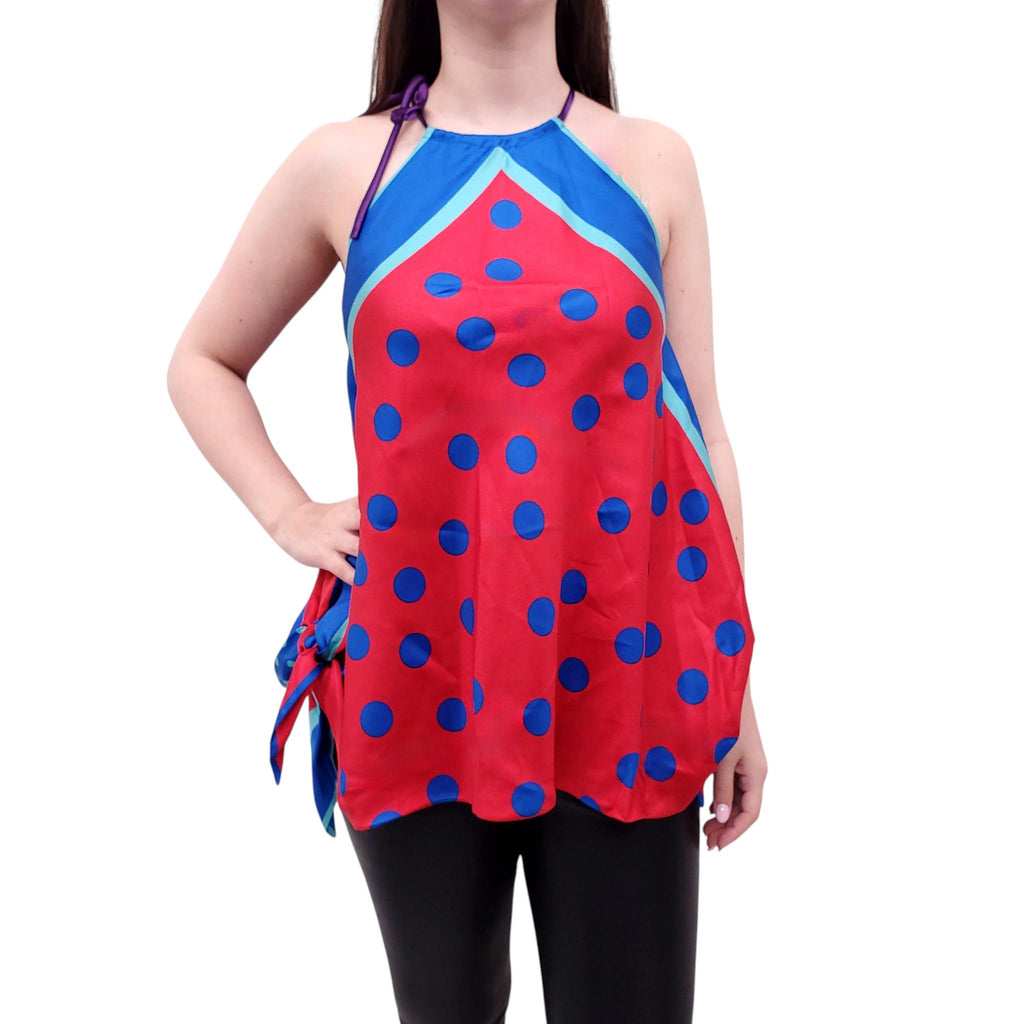 DOLCE & GABBANA RED AND BLUE POLKA DOT HALTER BLOUSE - SIZE 46
