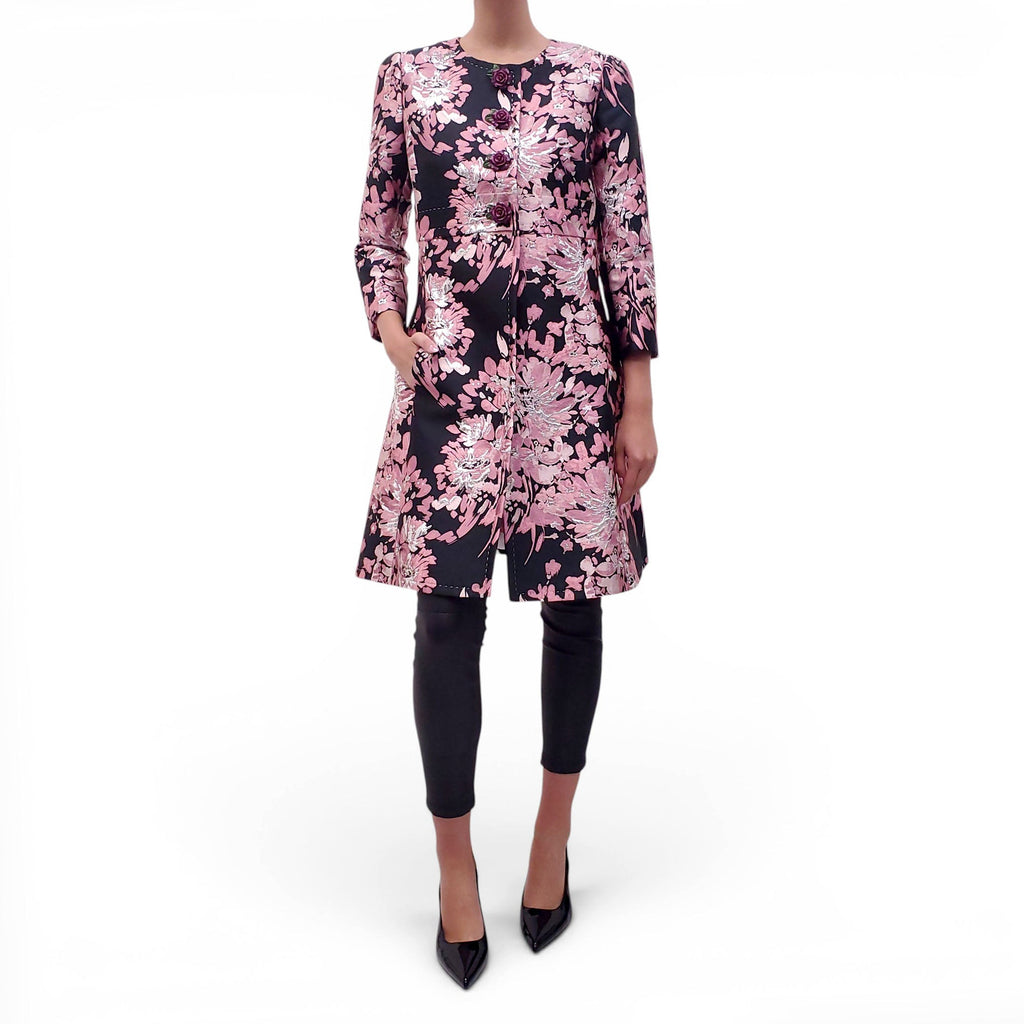 DOLCE & GABBANA ROSE JACQUARD COAT WITH FLORAL BUTTONS - SIZE 42