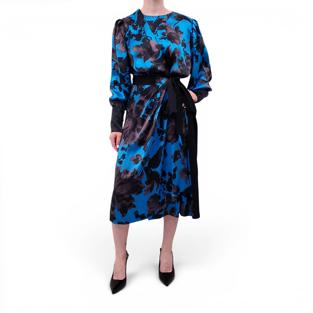 DRIES VAN NOTEN BLUE AND BLACK SILK WRAP DRESS - SIZE 40