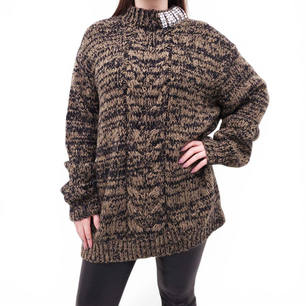 DRIES VAN NOTEN GREEN AND BLACK KNIT SWEATER WITH CRYSTAL NECKLINE - SIZE M