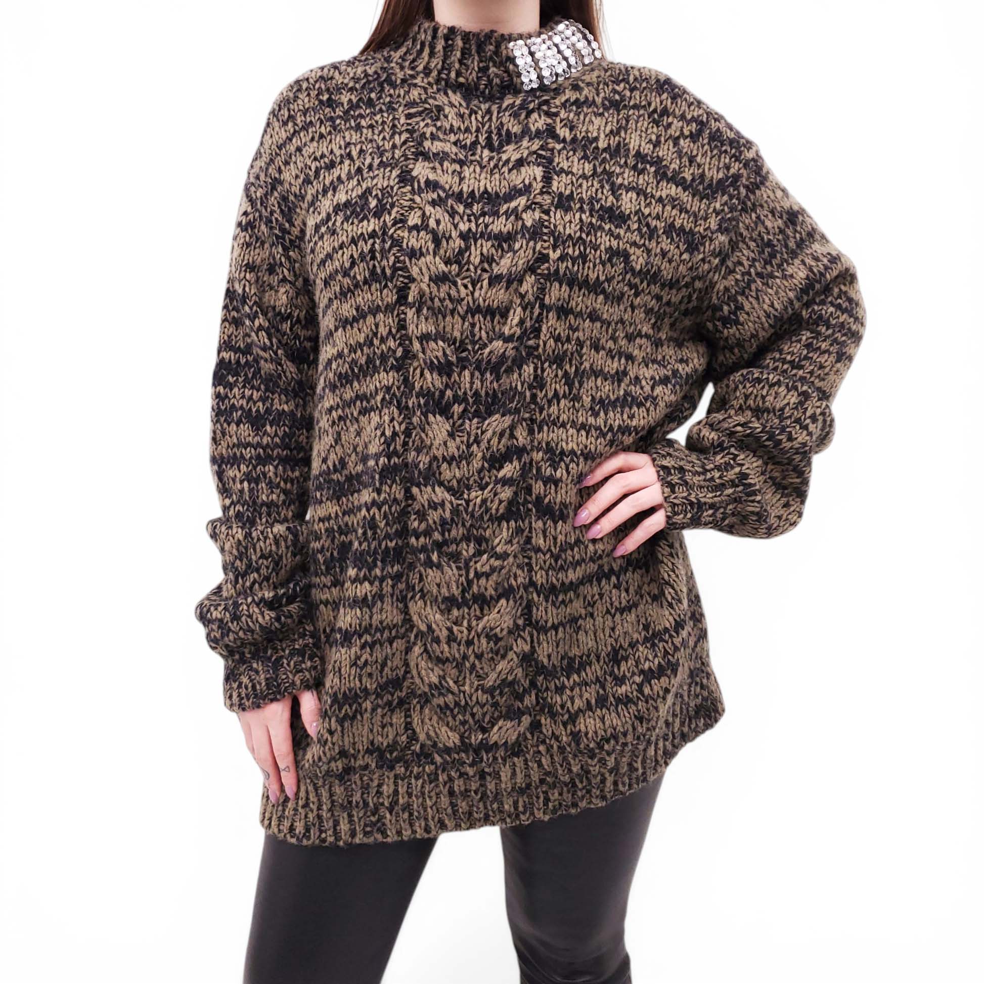 DRIES VAN NOTEN GREEN AND BLACK KNIT SWEATER WITH CRYSTAL NECKLINE - SIZE M