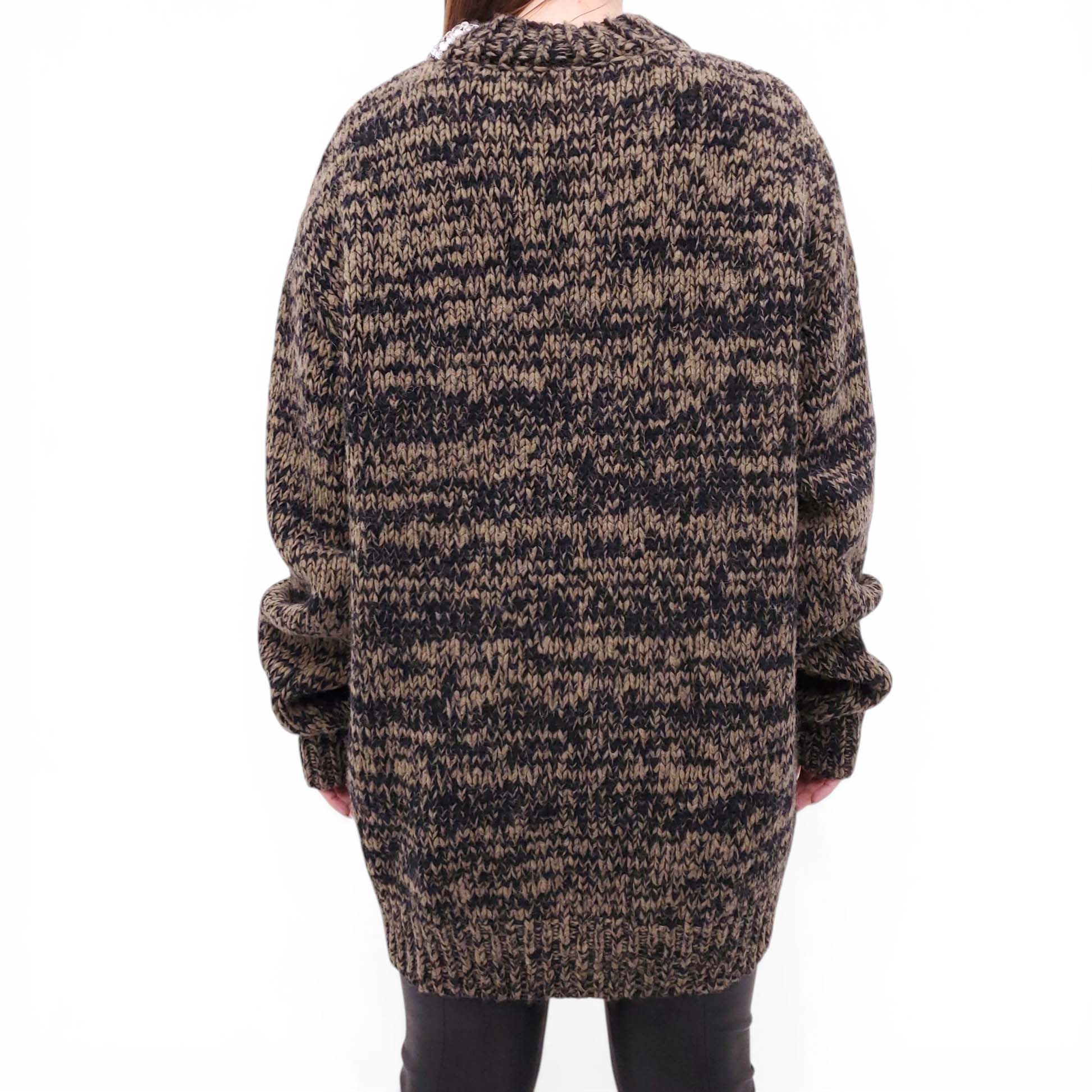 DRIES VAN NOTEN GREEN AND BLACK KNIT SWEATER WITH CRYSTAL NECKLINE - SIZE M