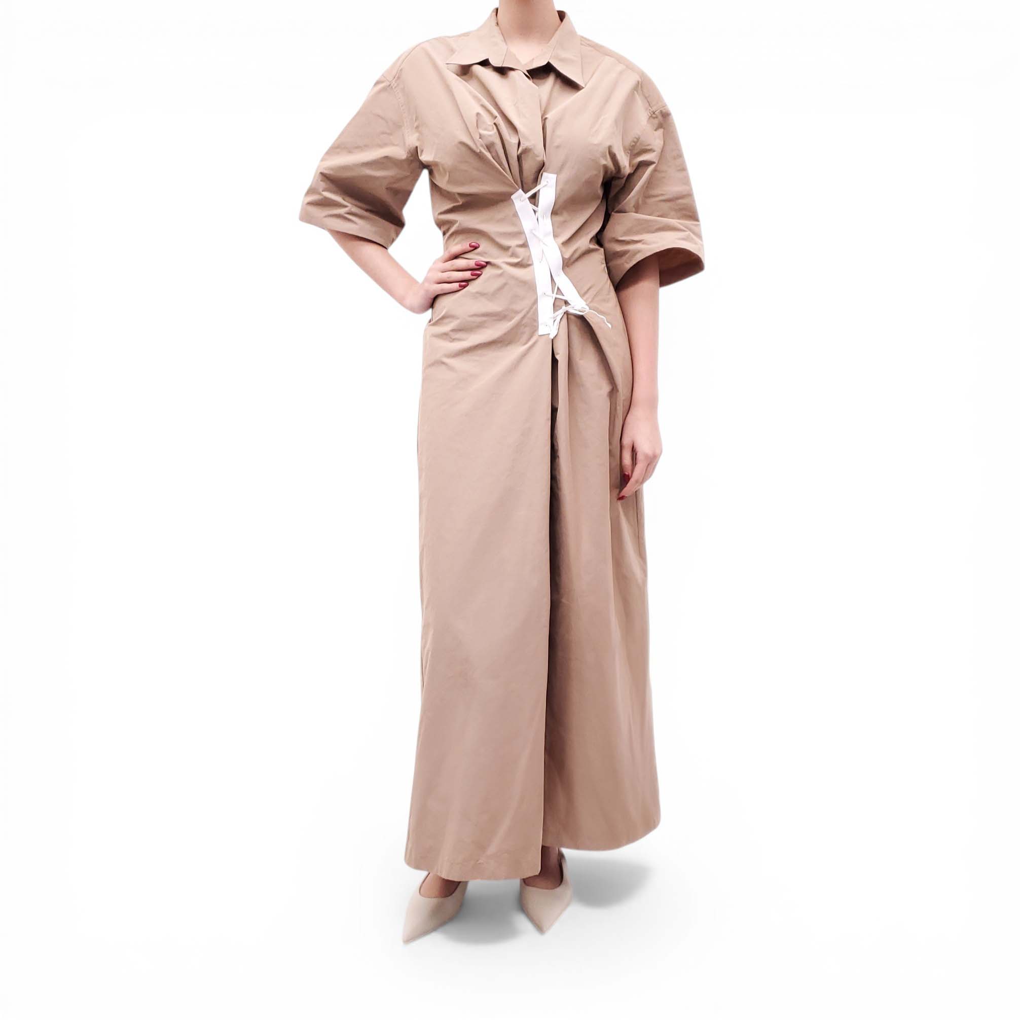 DRIES VAN NOTEN KHAKI SHORT SLEEVE TUNIC DRESS WITH CORSET DETAIL - SIZE 40