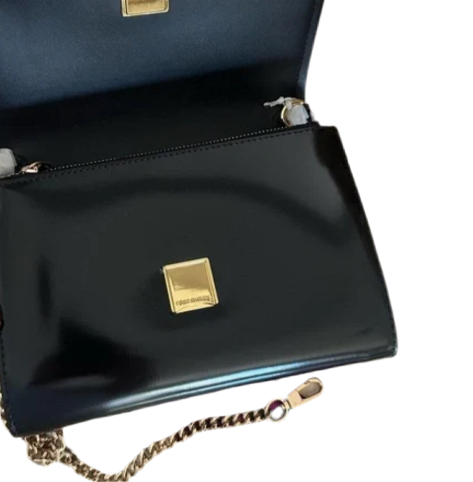 NWT Tory Burch Emerson Patent Leather Chain Wallet/Crossbody bag In Gold/Black