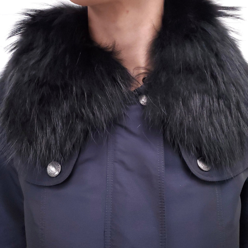 BURBERRY BRIT NAVY COAT WITH FUR HOOD - SIZE 2
