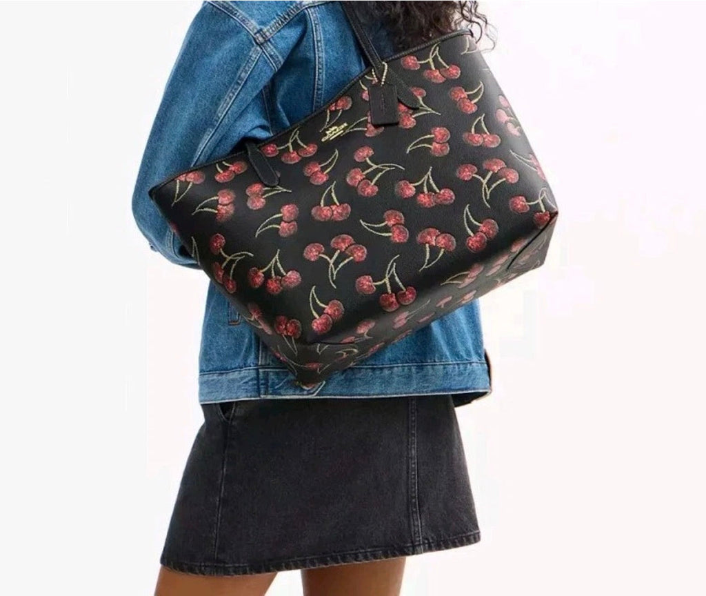 NWT Coach City Tote Leather Bag With Cherry Print In Gold/Black Multi