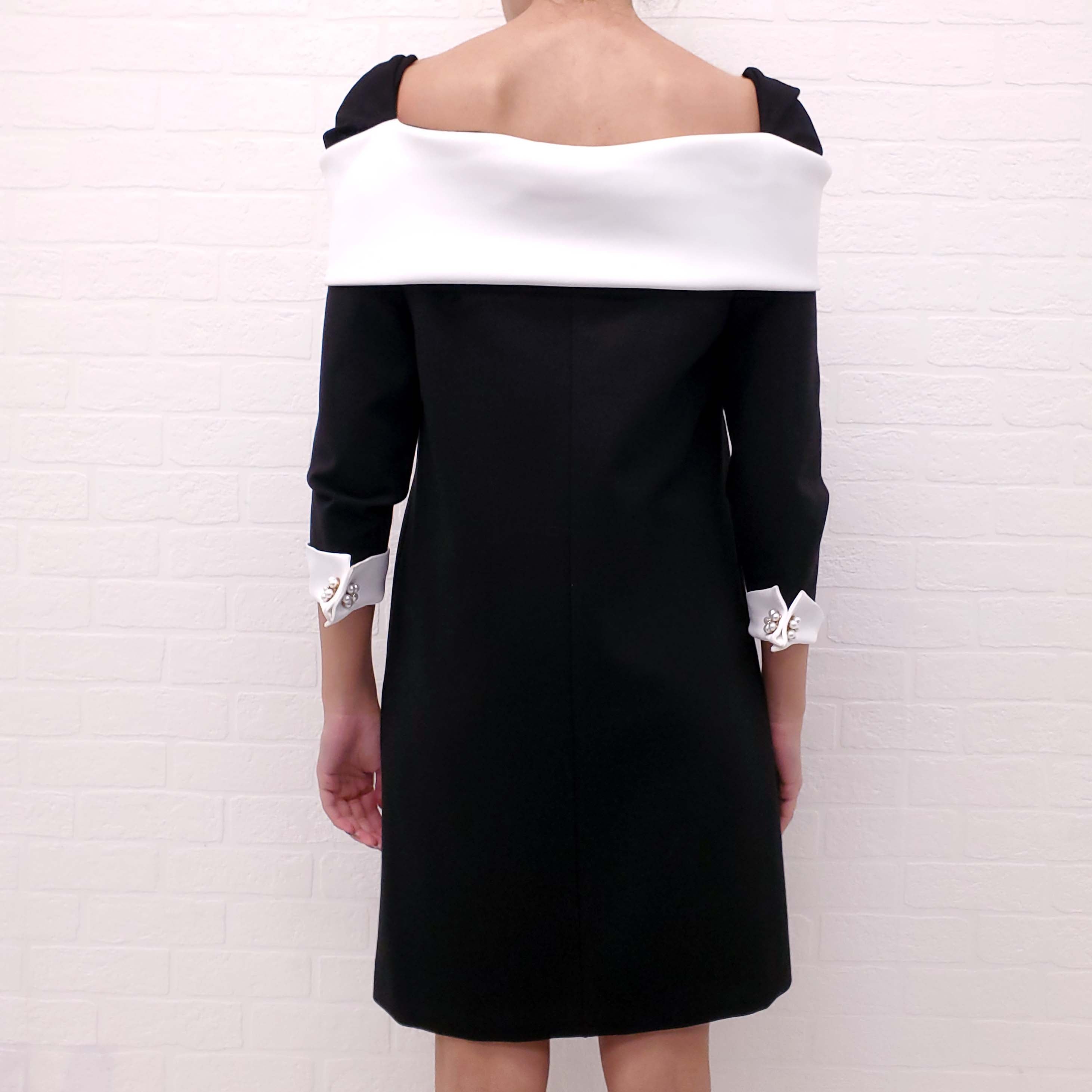 EDWARD ACHOUR PARIS BLACK AND WHITE OFF THE SHOULDER DRESS WITH PEARL AND CRYSTAL BUTTONS - SIZE 40