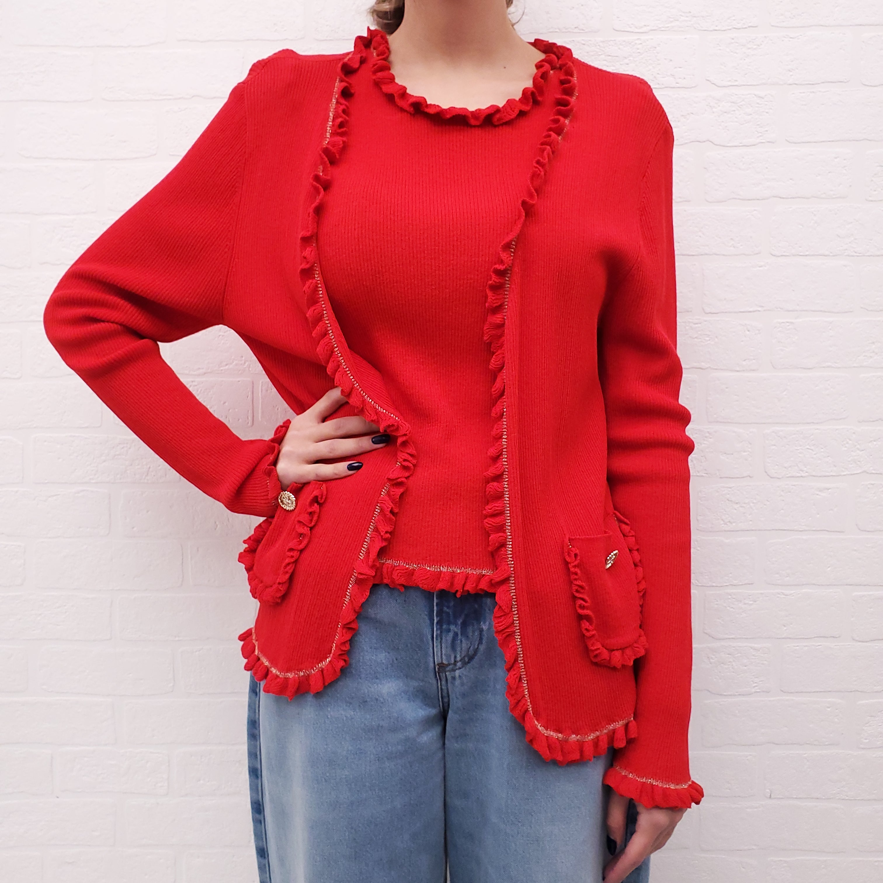 EDWARD ACHOUR PARIS RED SWEATER SET WITH GOLD BUTTONS - SIZE 42