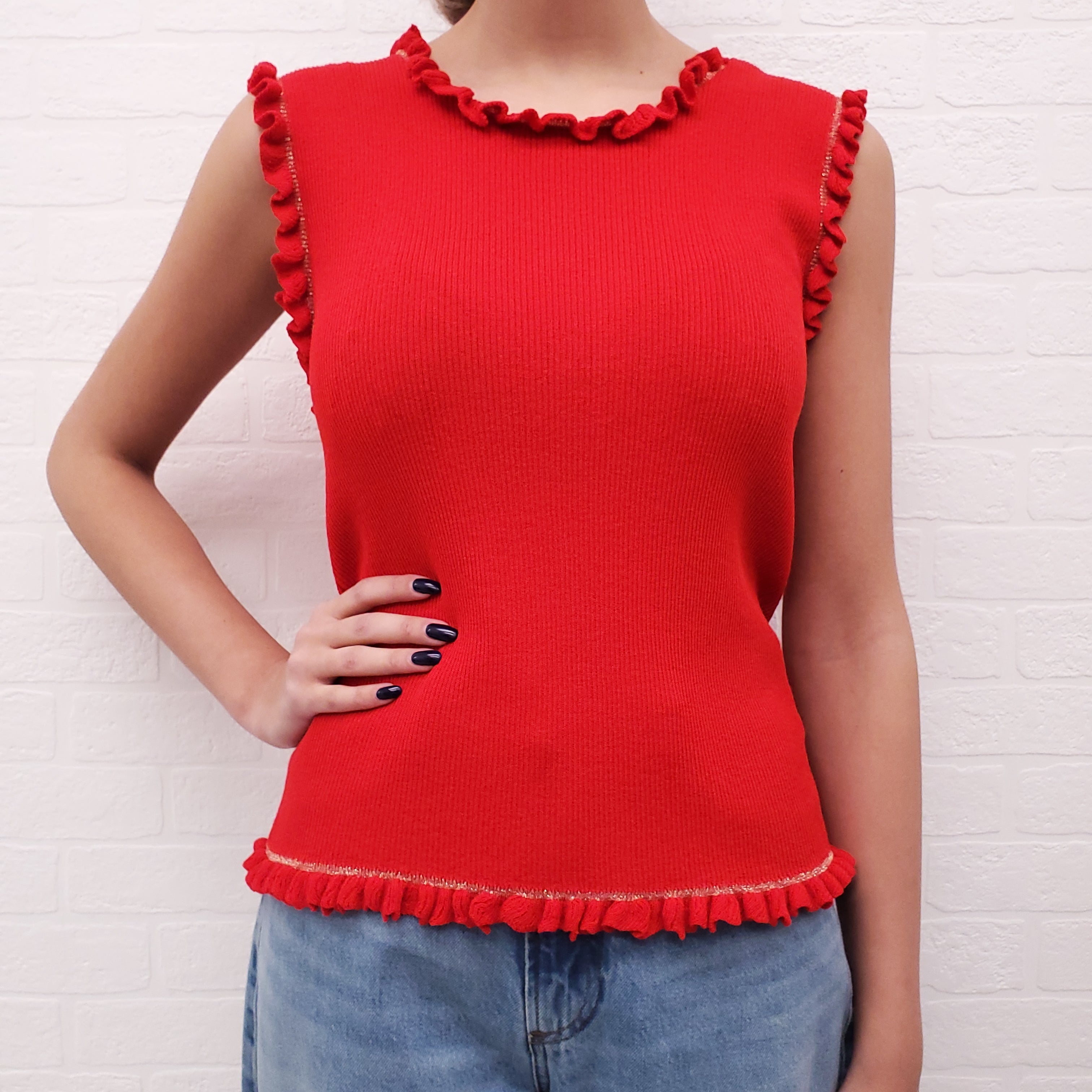 EDWARD ACHOUR PARIS RED SWEATER SET WITH GOLD BUTTONS - SIZE 42