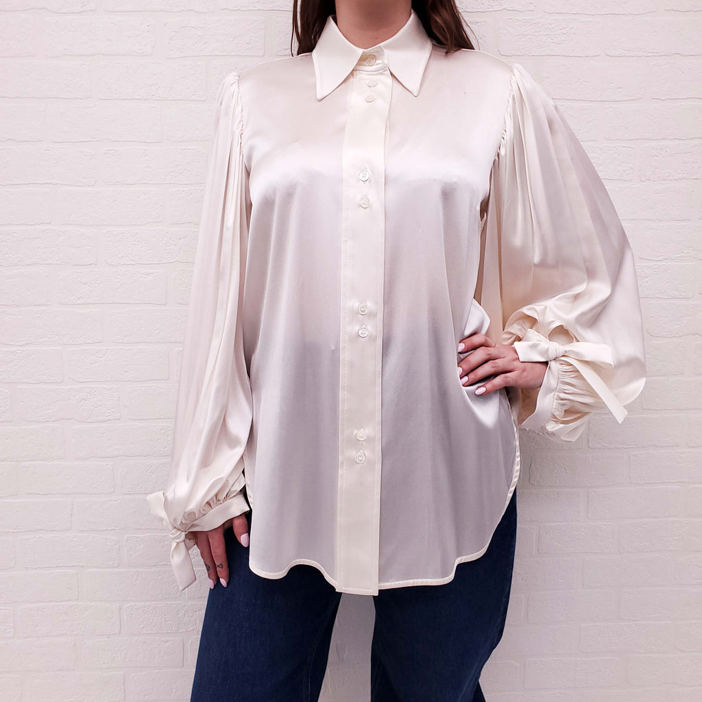 ELLERY CREAM SILK BLOUSE WITH BELL SLEEVE - SIZE 8