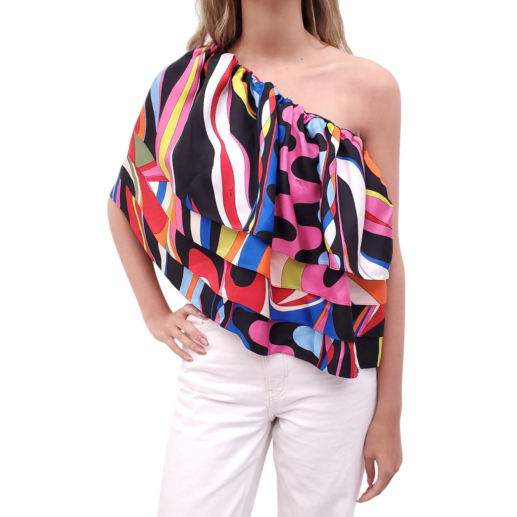 EMILIO PUCCI BLACK AND MULTICOLOURED ONE-SLEEVE RUFFLE TOP - SIZE 40