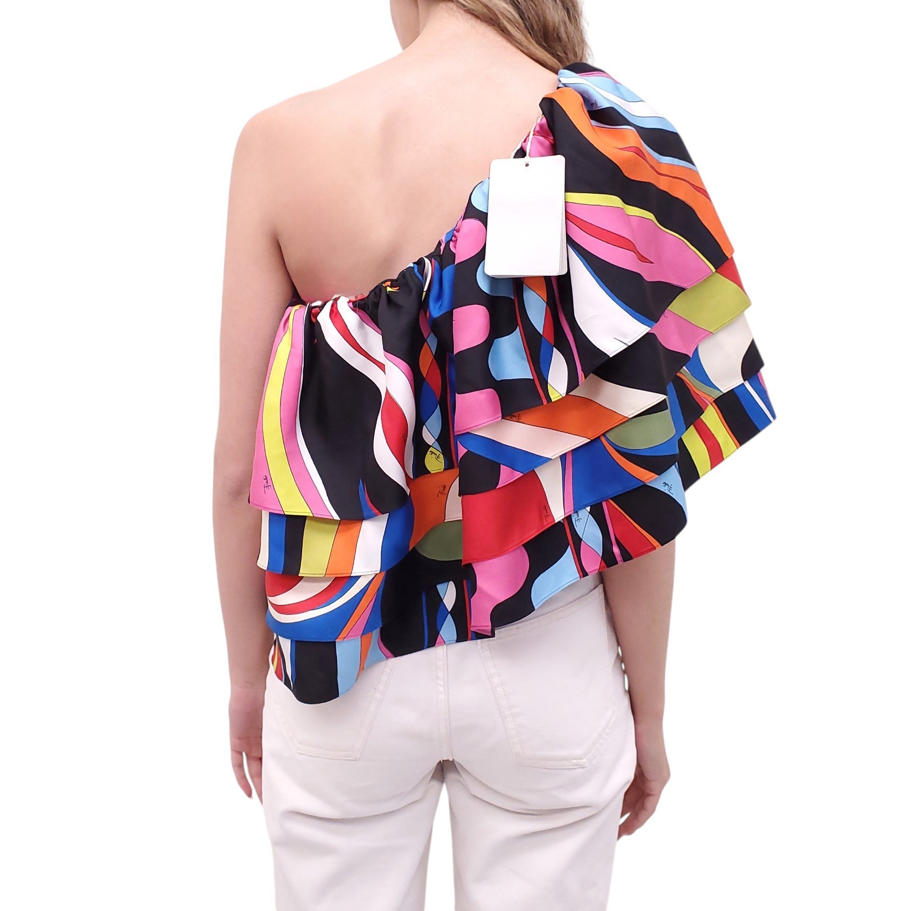 EMILIO PUCCI BLACK AND MULTICOLOURED ONE-SLEEVE RUFFLE TOP - SIZE 40