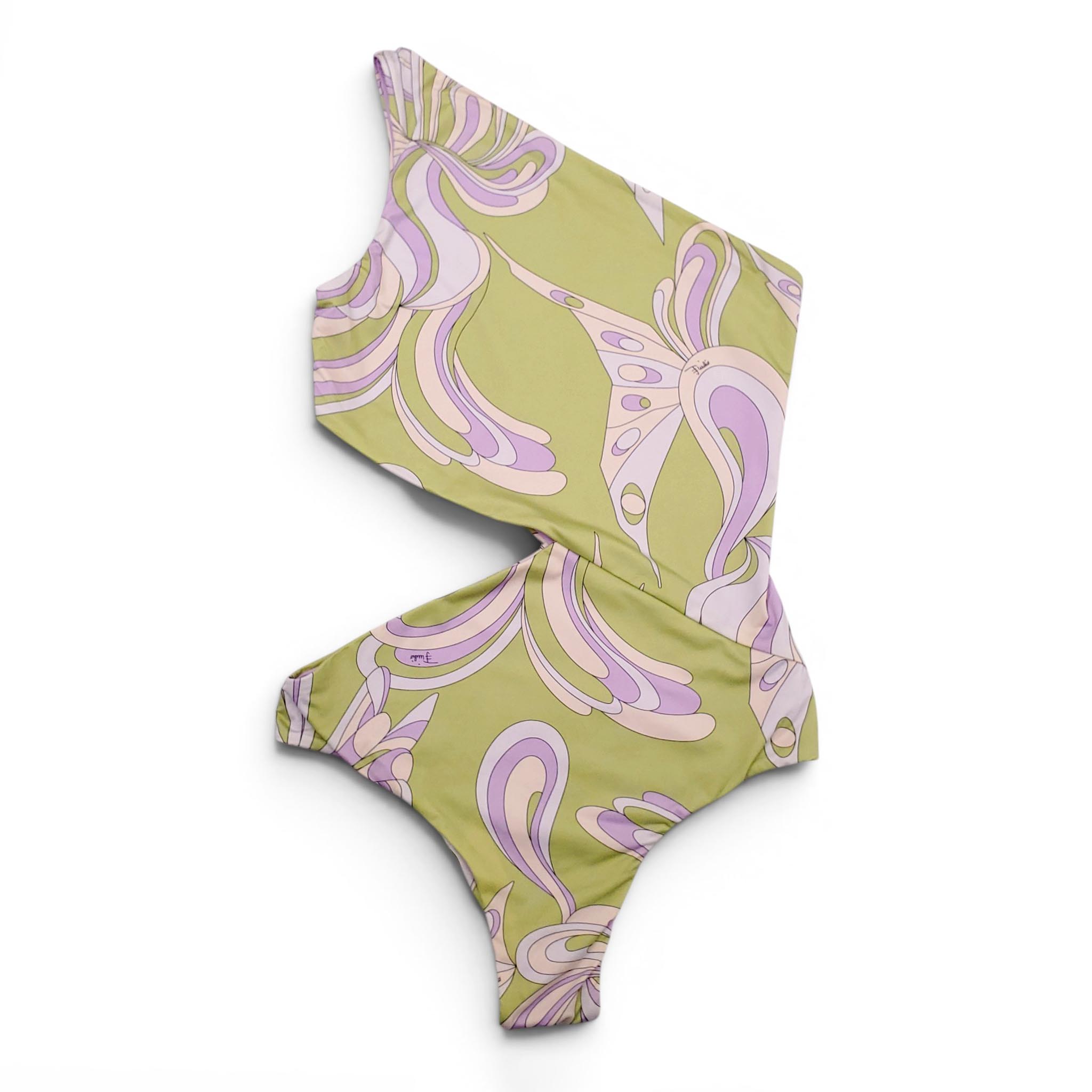 EMILIO PUCCI GREEN AND PURPLE PATTERNED CUTOUT SWIMSUIT - SIZE 40