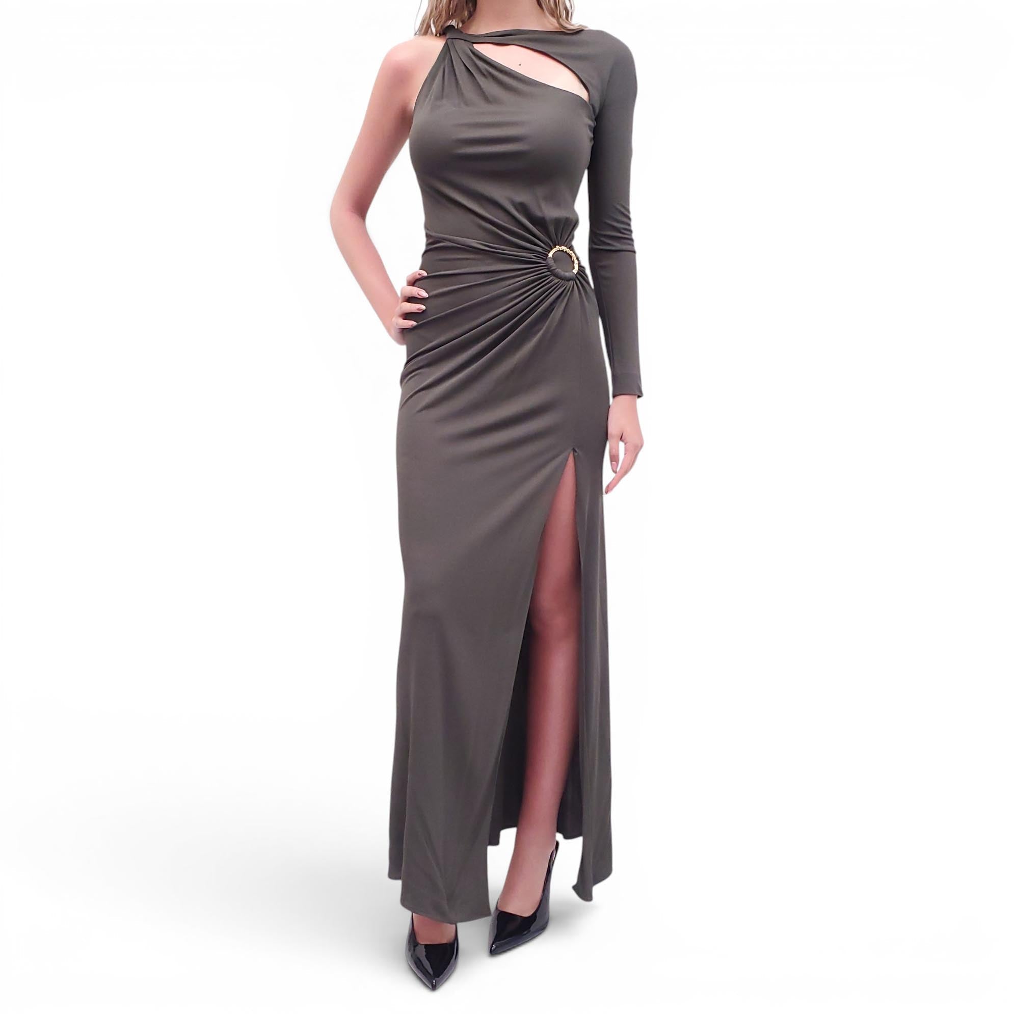EMILIO PUCCI OLIVE GREEN DRAPED DRESS WITH GOLD EMBLEM DETAIL - SIZE 6