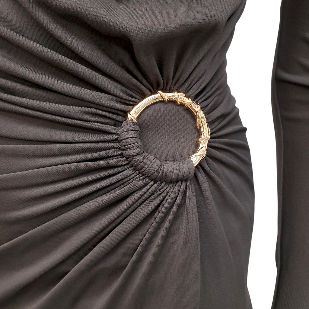 EMILIO PUCCI OLIVE GREEN DRAPED DRESS WITH GOLD EMBLEM DETAIL - SIZE 6