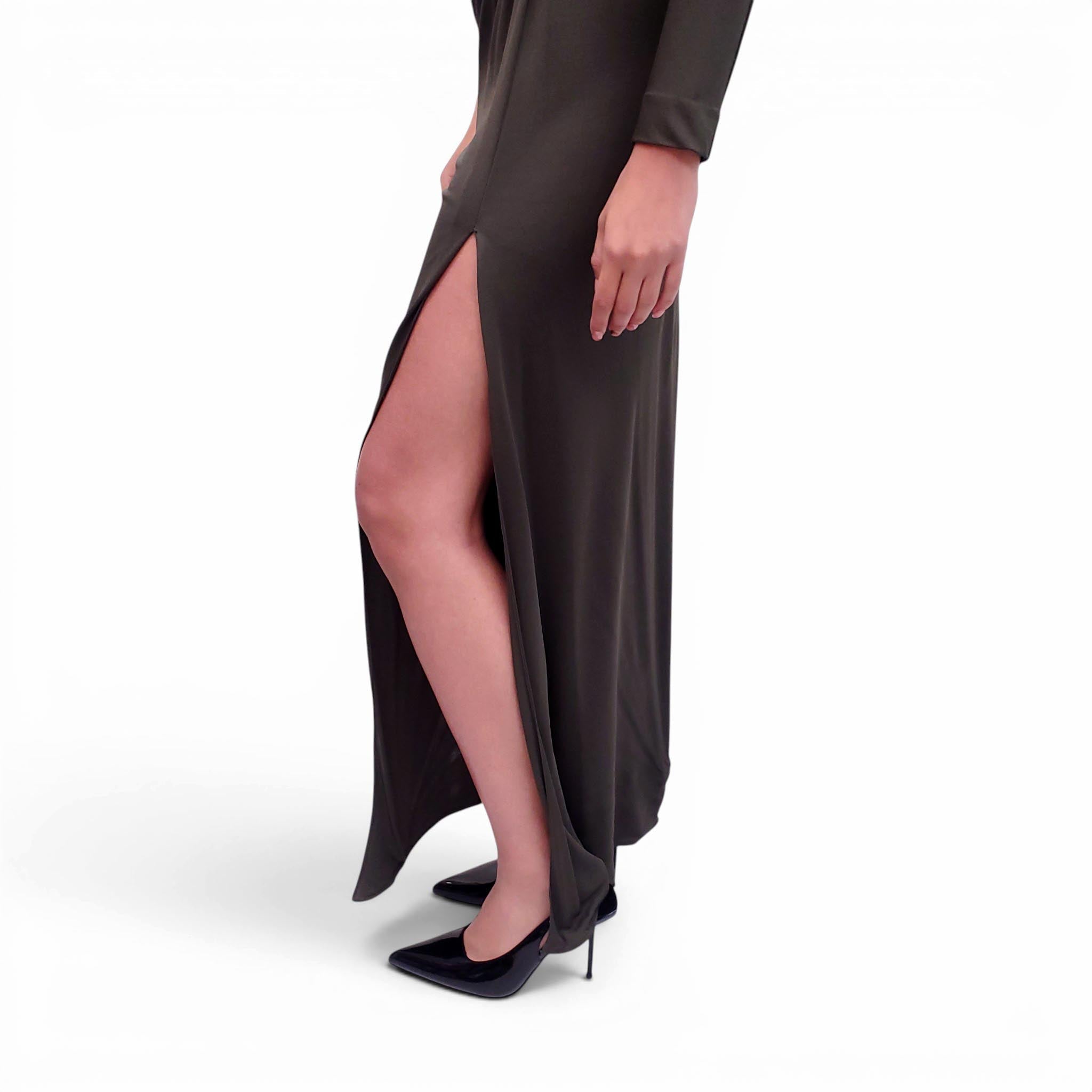 EMILIO PUCCI OLIVE GREEN DRAPED DRESS WITH GOLD EMBLEM DETAIL - SIZE 6