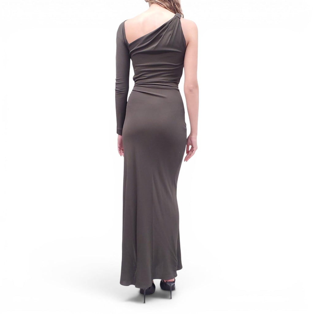 EMILIO PUCCI OLIVE GREEN DRAPED DRESS WITH GOLD EMBLEM DETAIL - SIZE 6