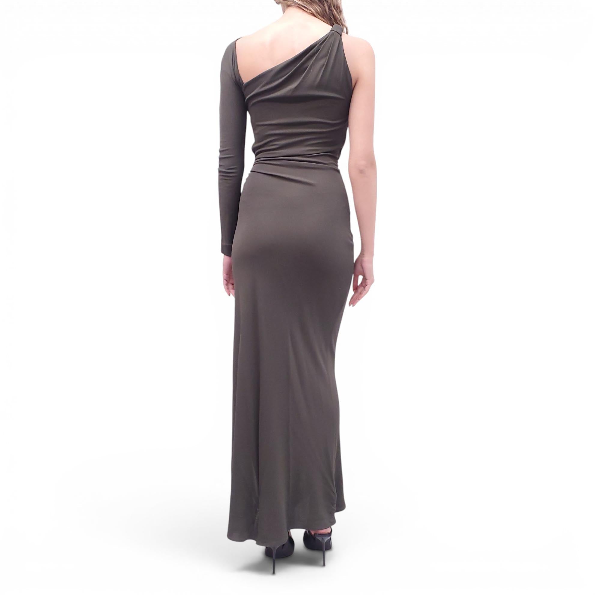 EMILIO PUCCI OLIVE GREEN DRAPED DRESS WITH GOLD EMBLEM DETAIL - SIZE 6