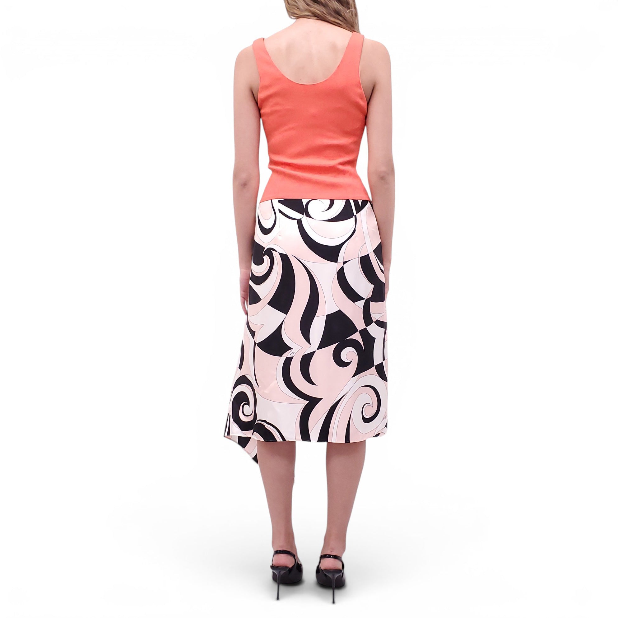 EMILIO PUCCI ORANGE MIDI DRESS WITH PATTERNED SKIRT - SIZE 40