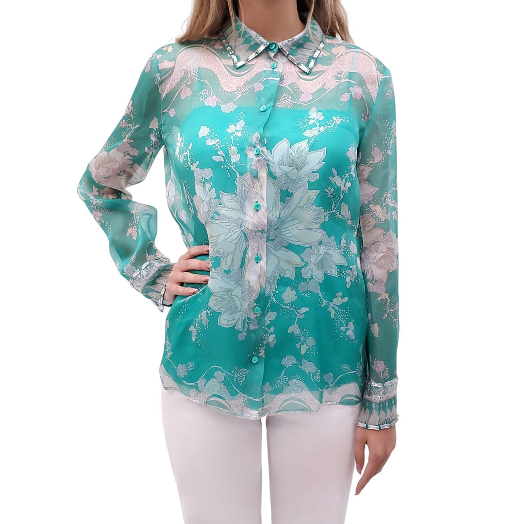EMILIO PUCCI RUNWAY TURQUOISE PATTERNED SHIRT WITH CRYSTAL DETAILS - SIZE 42