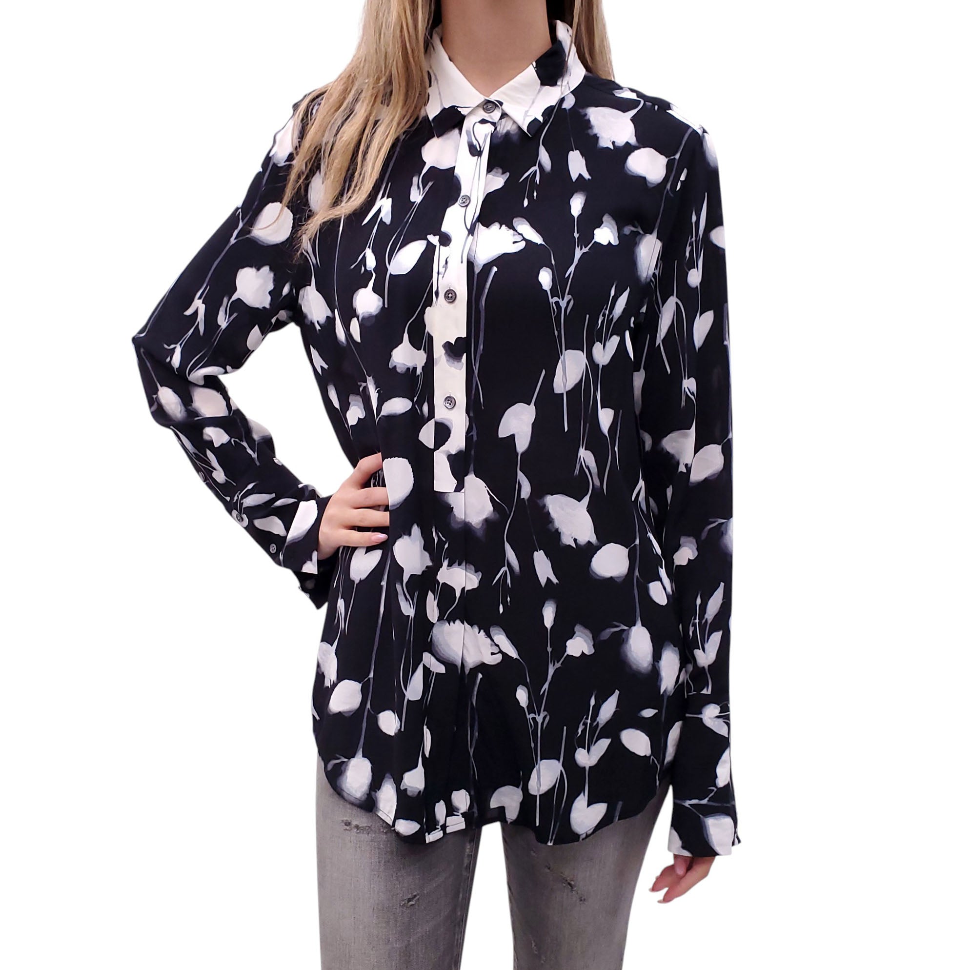 EQUIPMENT NAVY AND WHITE FLORAL PRINT BLOUSE - SIZE M