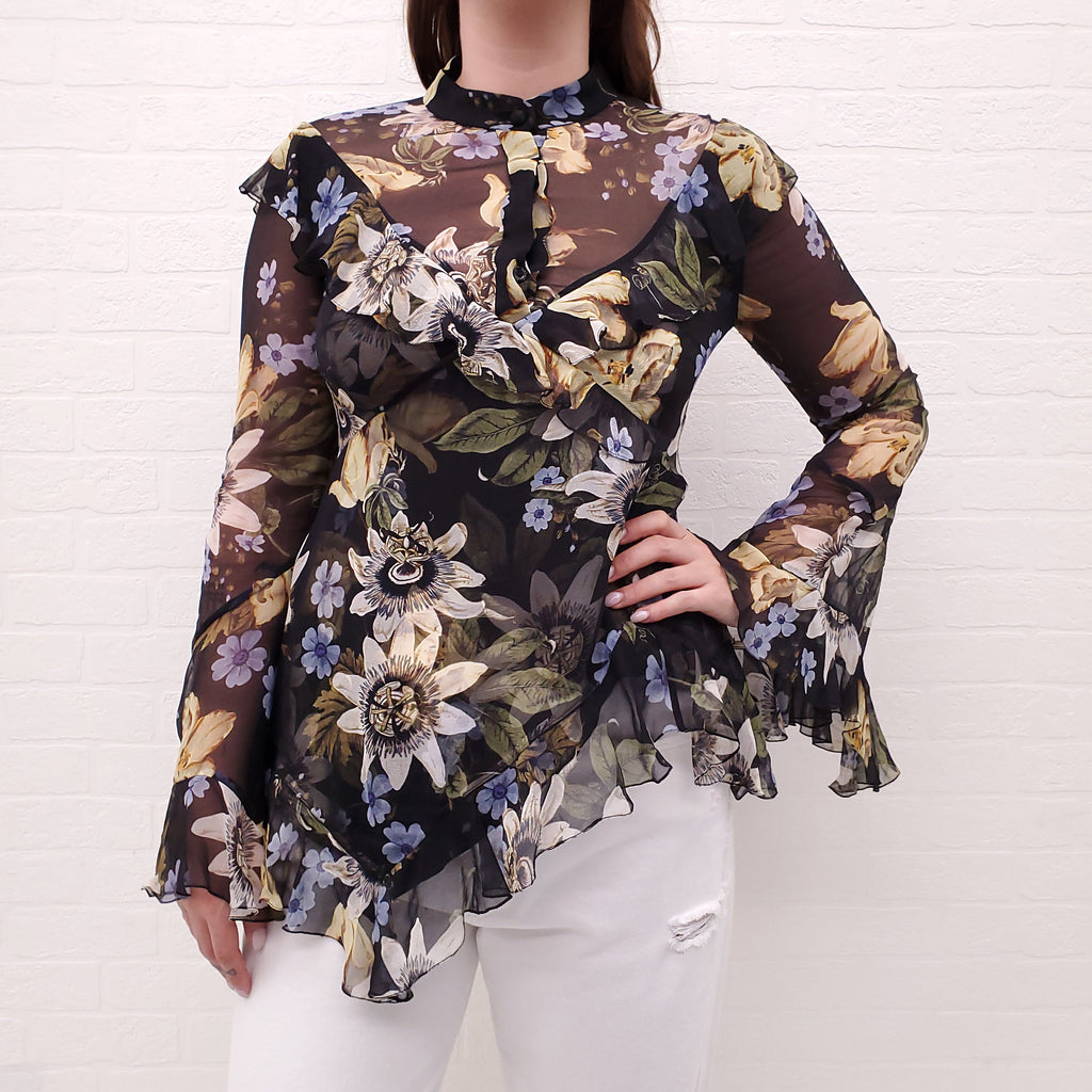ERDEM BLACK SILK FLORAL RUFFLE BLOUSE - SIZE 6