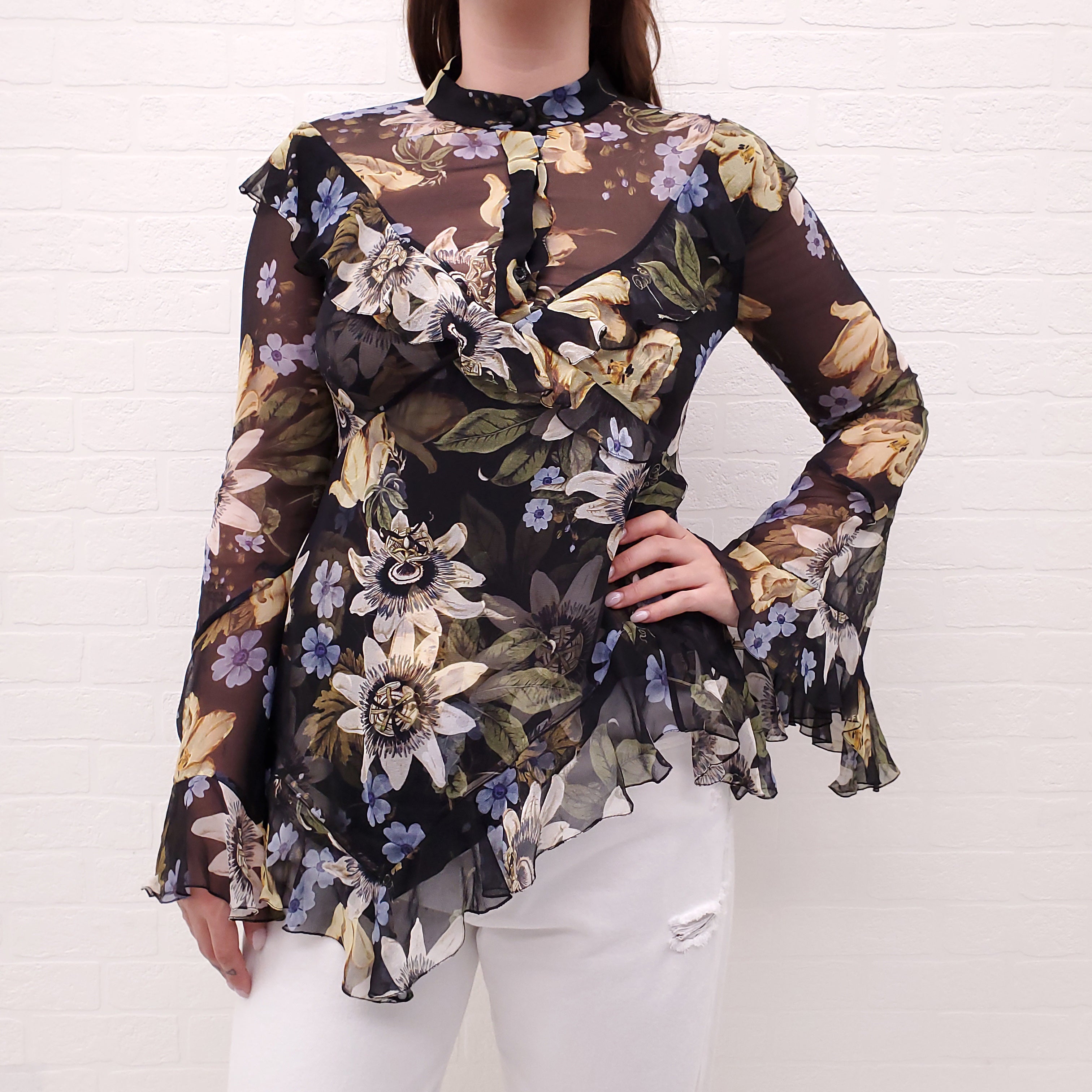 ERDEM BLACK SILK FLORAL RUFFLE BLOUSE - SIZE 6