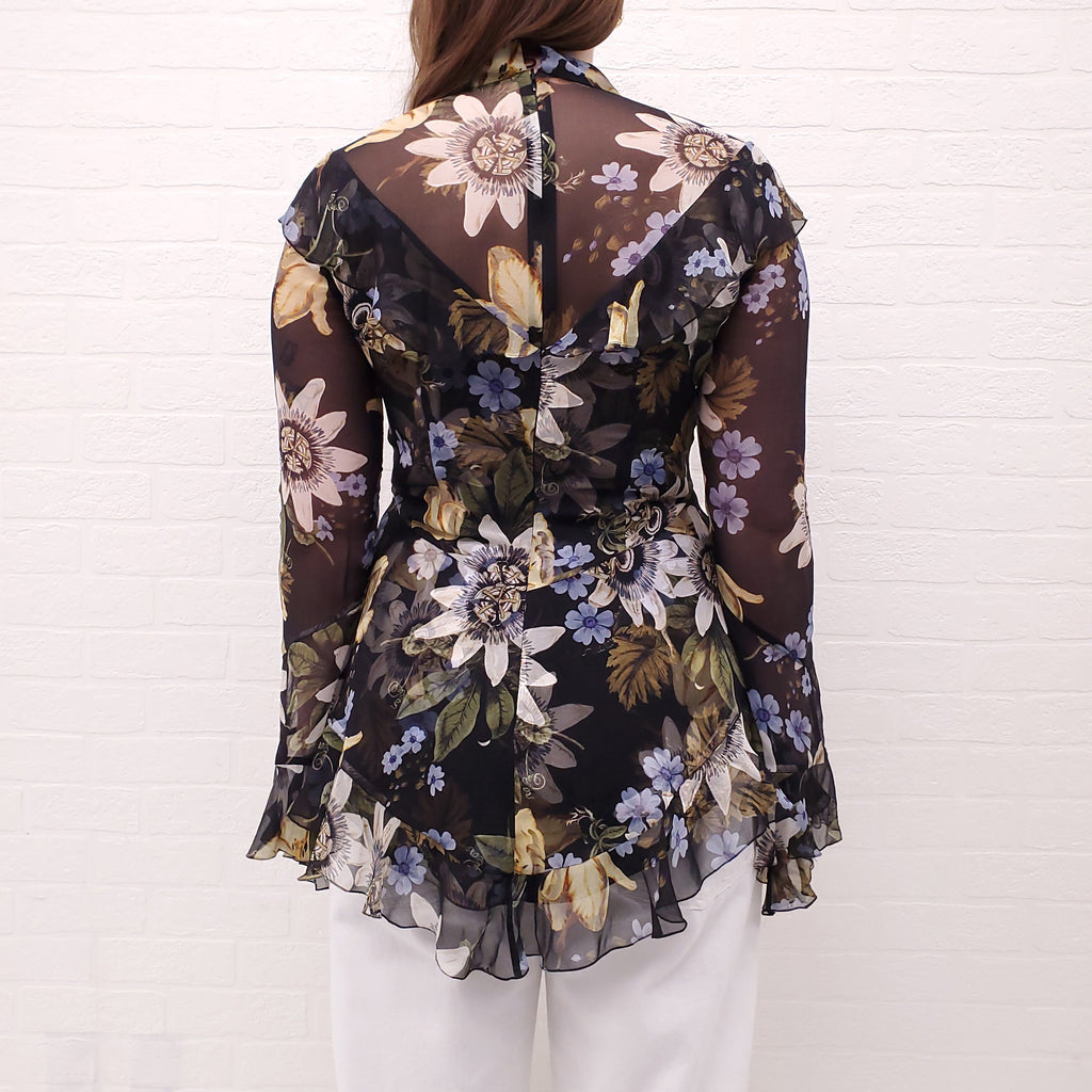 ERDEM BLACK SILK FLORAL RUFFLE BLOUSE - SIZE 6