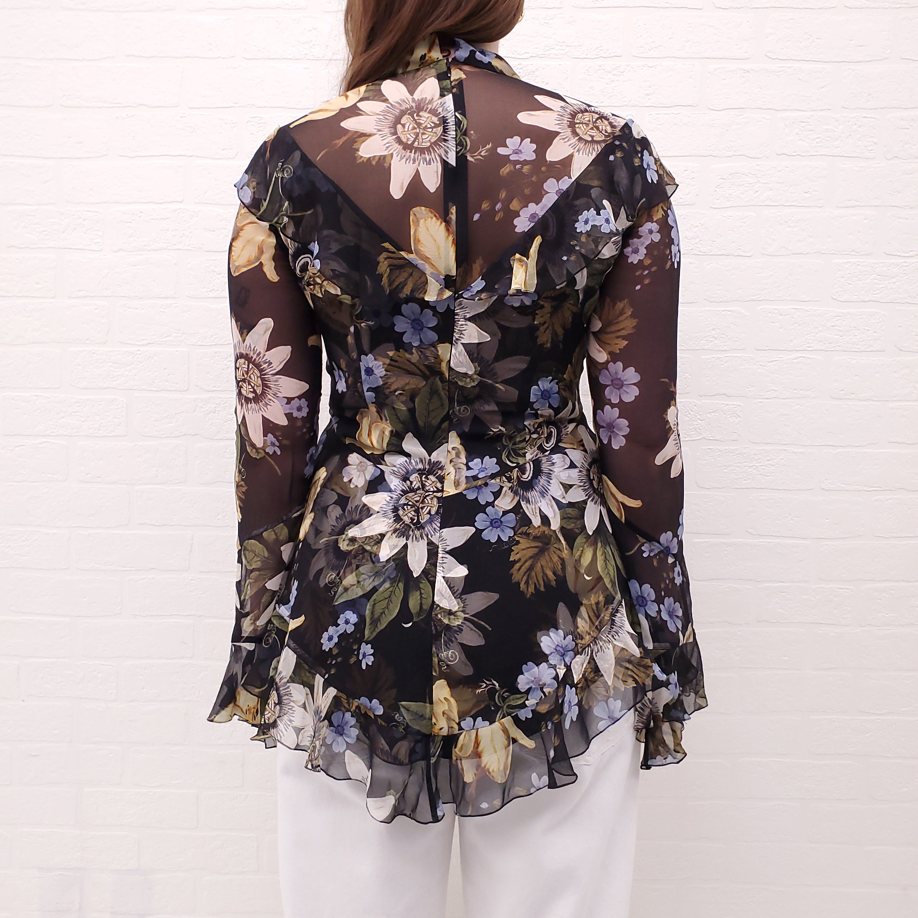 ERDEM BLACK SILK FLORAL RUFFLE BLOUSE - SIZE 6