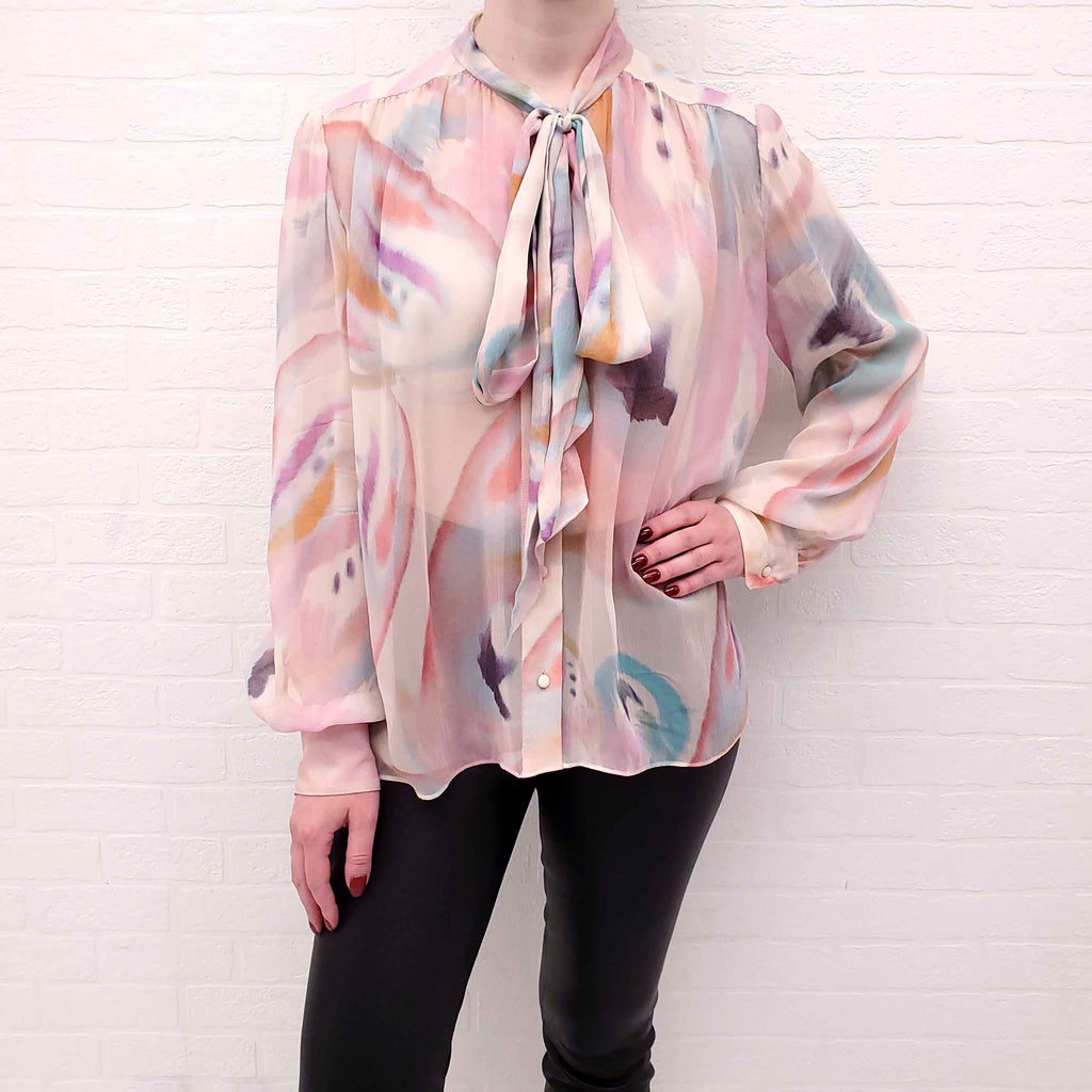 ETRO CREAM AND PASTEL SHEER BLOUSE WITH NECKTIE - SIZE 44