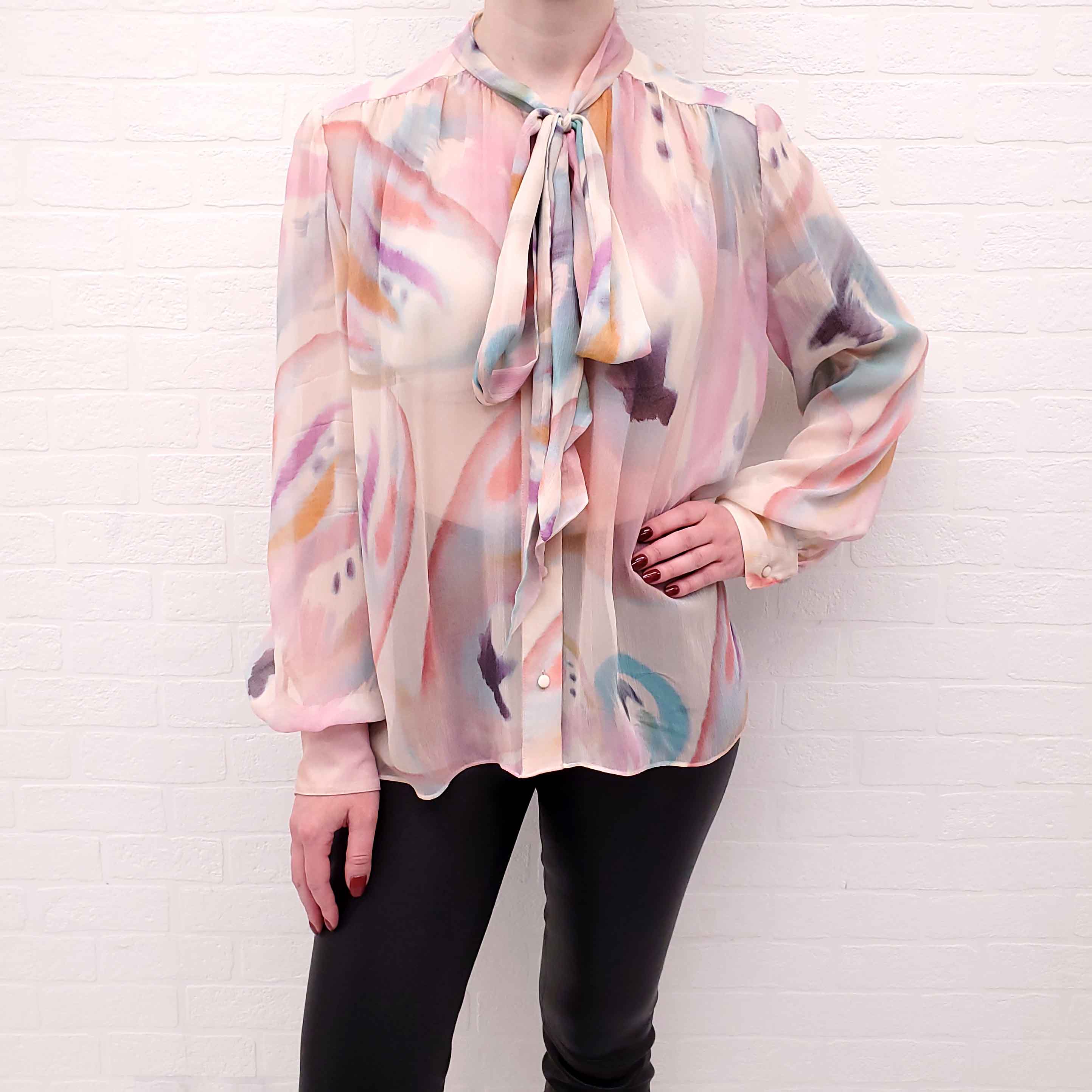 ETRO CREAM AND PASTEL SHEER BLOUSE WITH NECKTIE - SIZE 44