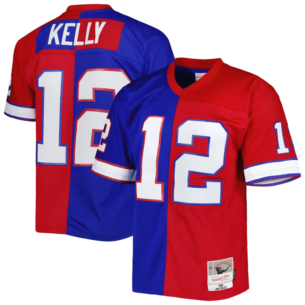 Buffalo Bills Jim Kelly Mitchell & Ness Royal/Red 1990 Split Legacy Replica Jersey