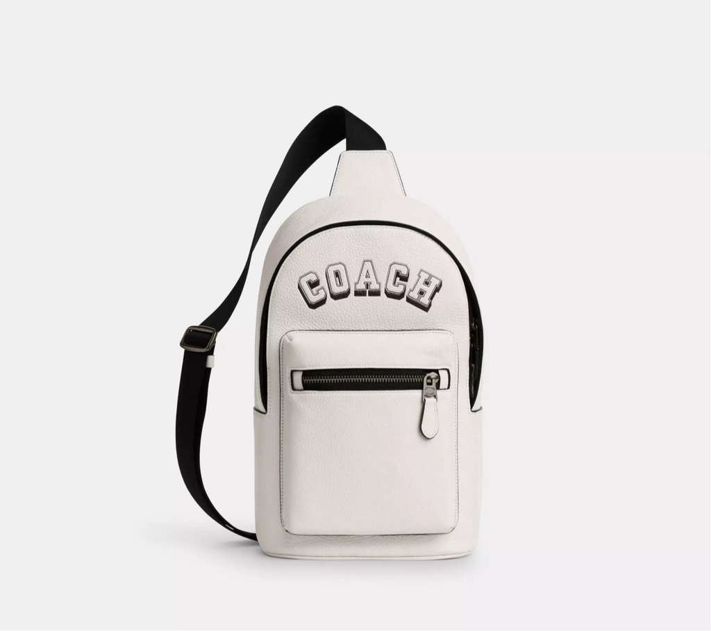 NWT Coach Leather West Pack Sling Bag with Varsity Motif In Chalk/Black