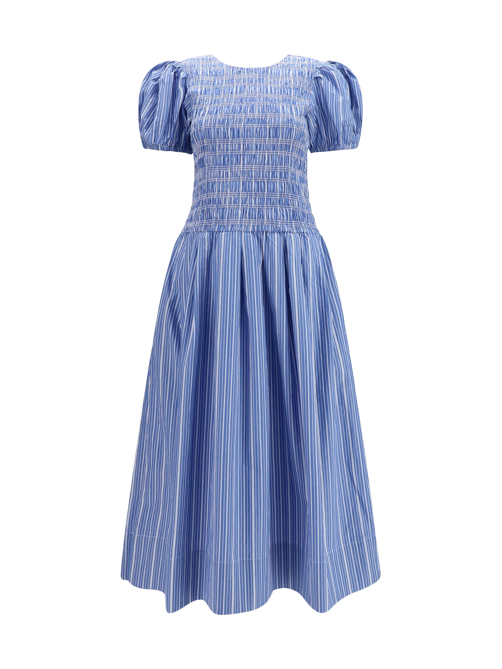 Ganni Women Striped Cotton Dress With Puff Sleeves