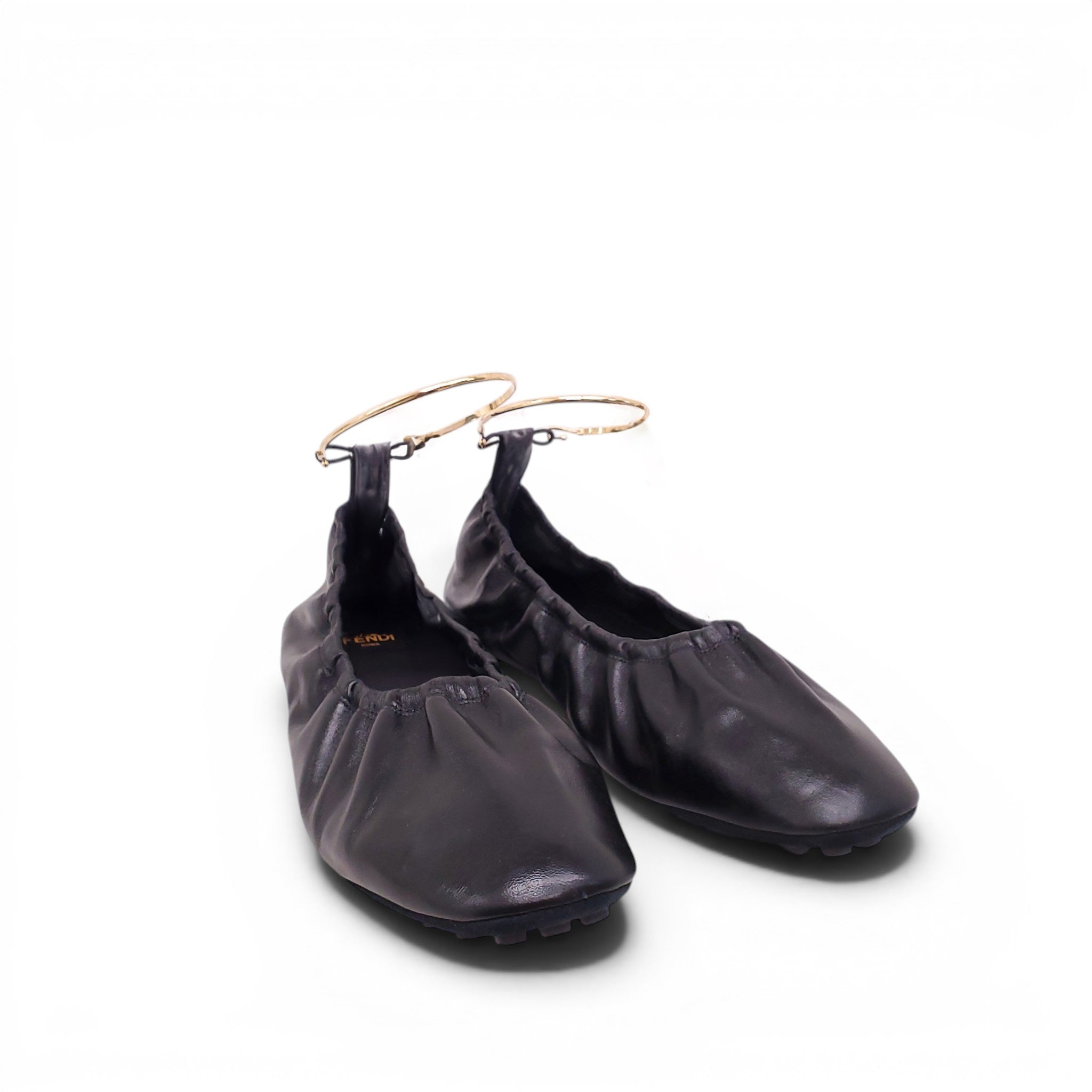 FENDI BLACK LEATHER FLATS WITH GOLD ANKLET DETAIL - SIZE 39