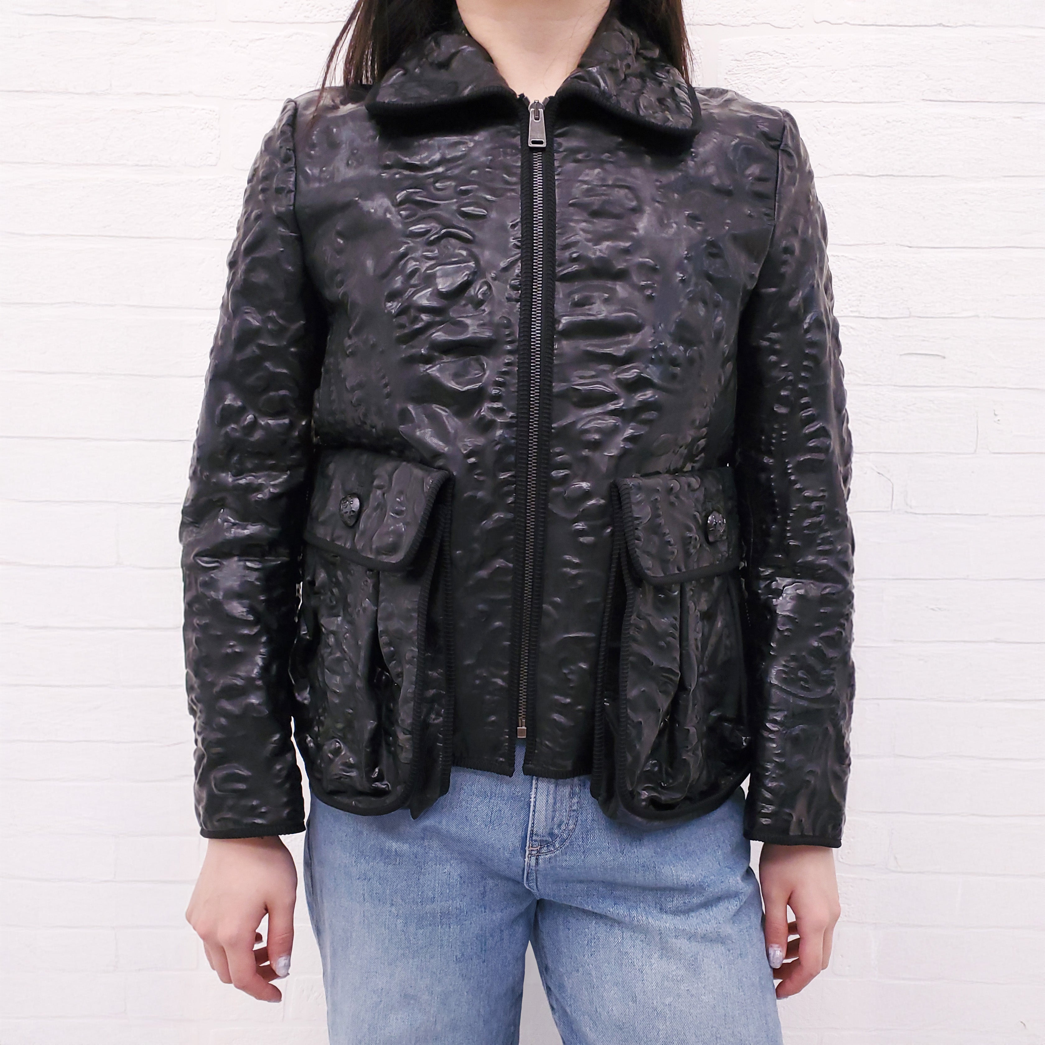 FENDI BLACK MOLDED LEATHER MOTORCYCLE JACKET - SIZE 40