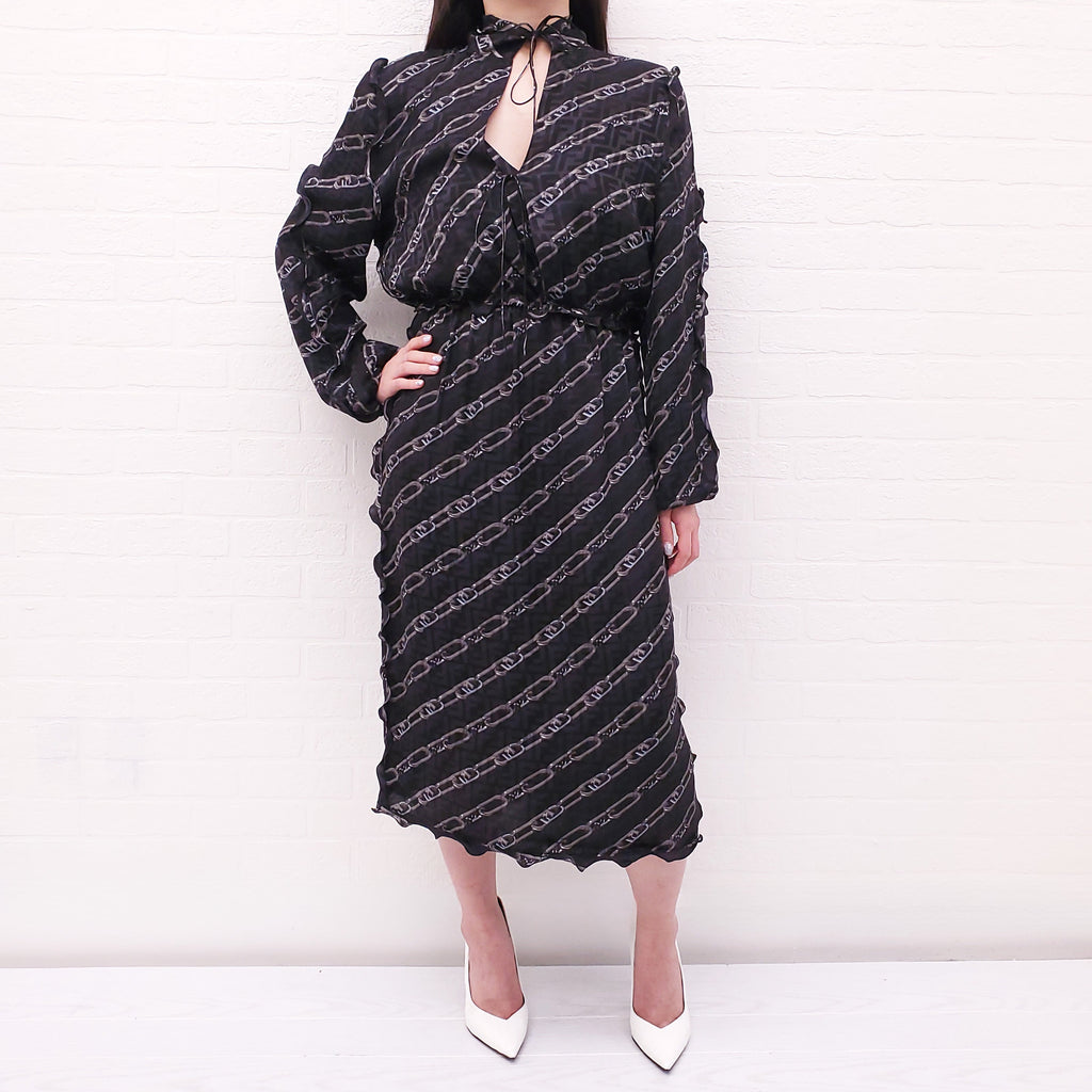FENDI BLACK SILK CHAIN PATTERNED LOGO DRESS - SIZE 44
