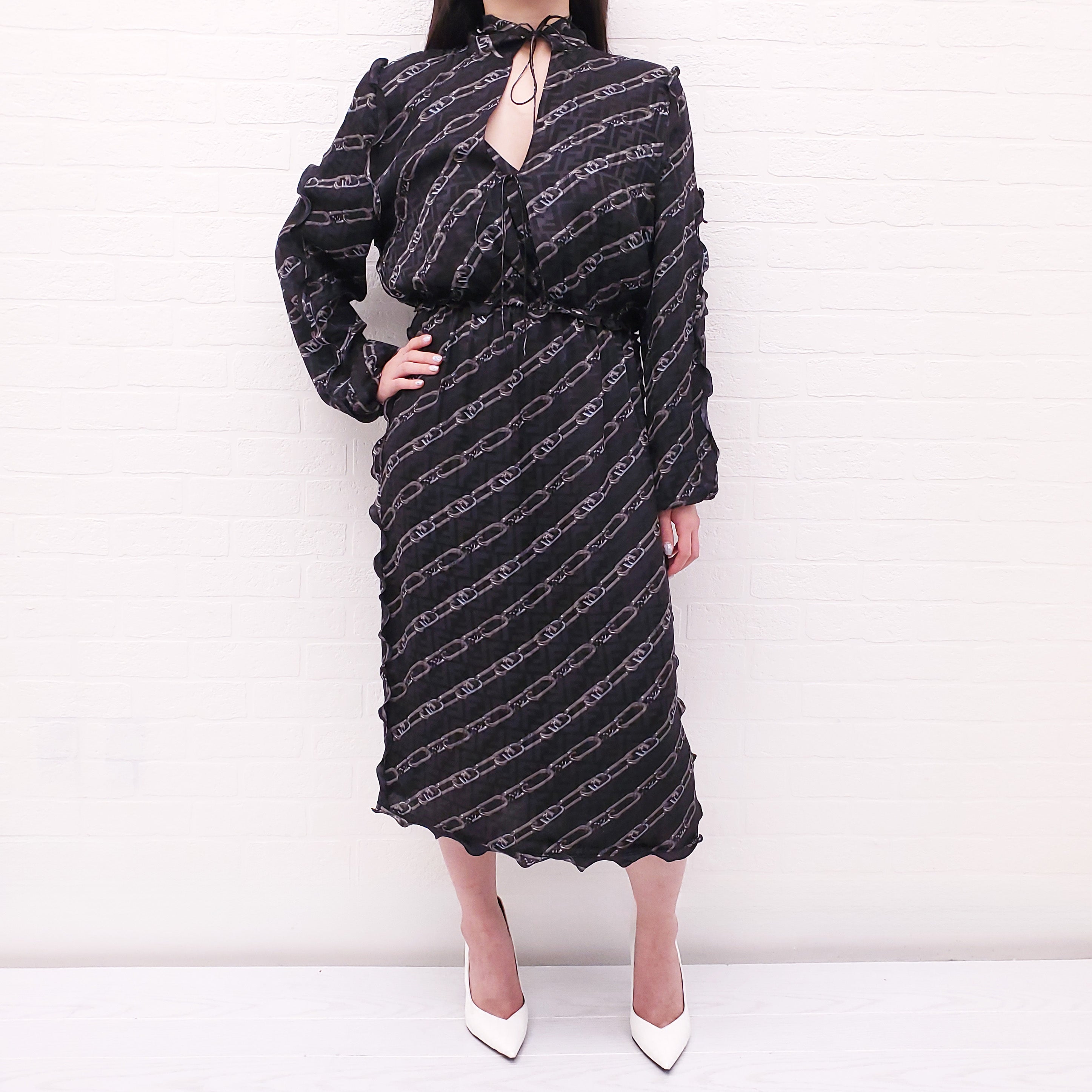 FENDI BLACK SILK CHAIN PATTERNED LOGO DRESS - SIZE 44