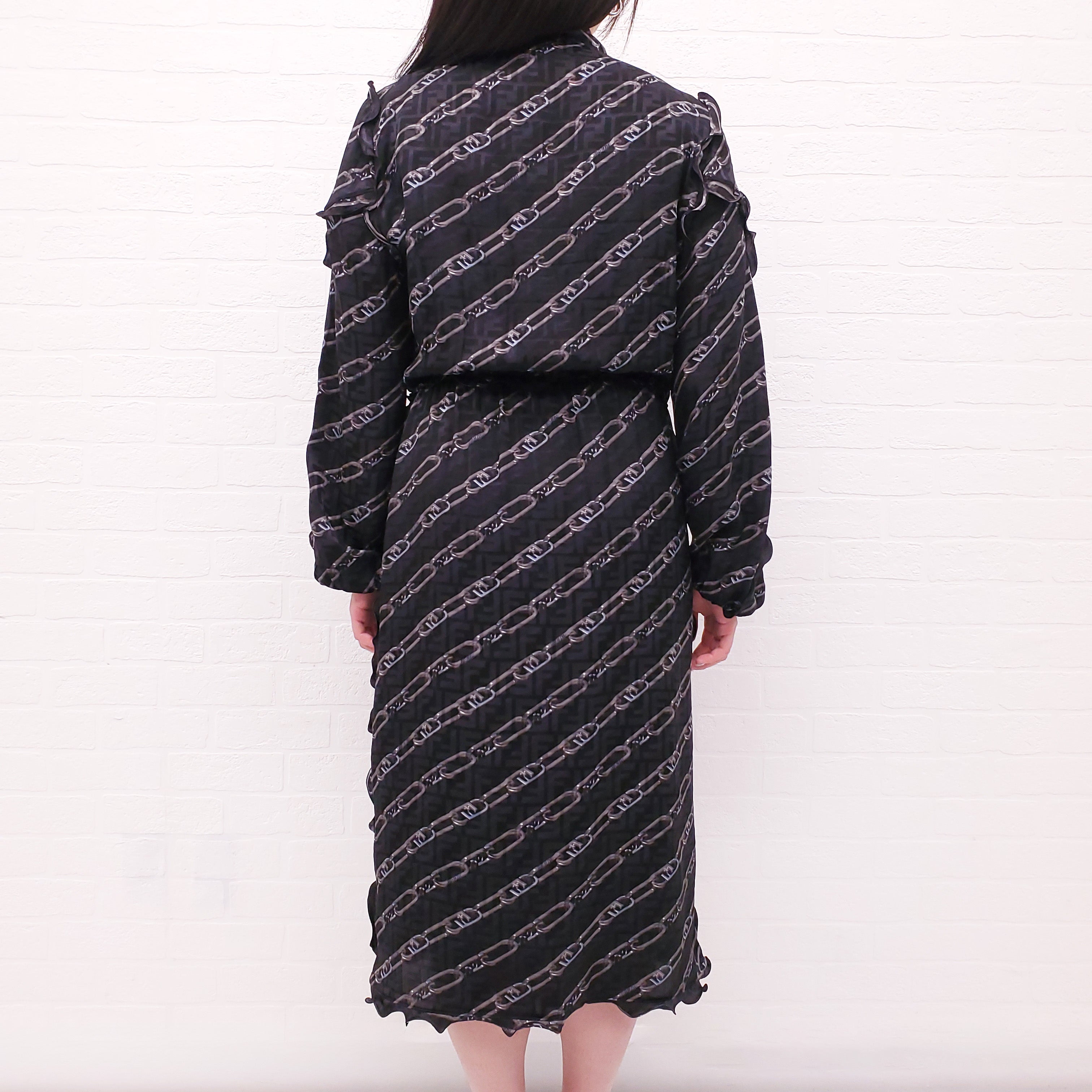 FENDI BLACK SILK CHAIN PATTERNED LOGO DRESS - SIZE 44
